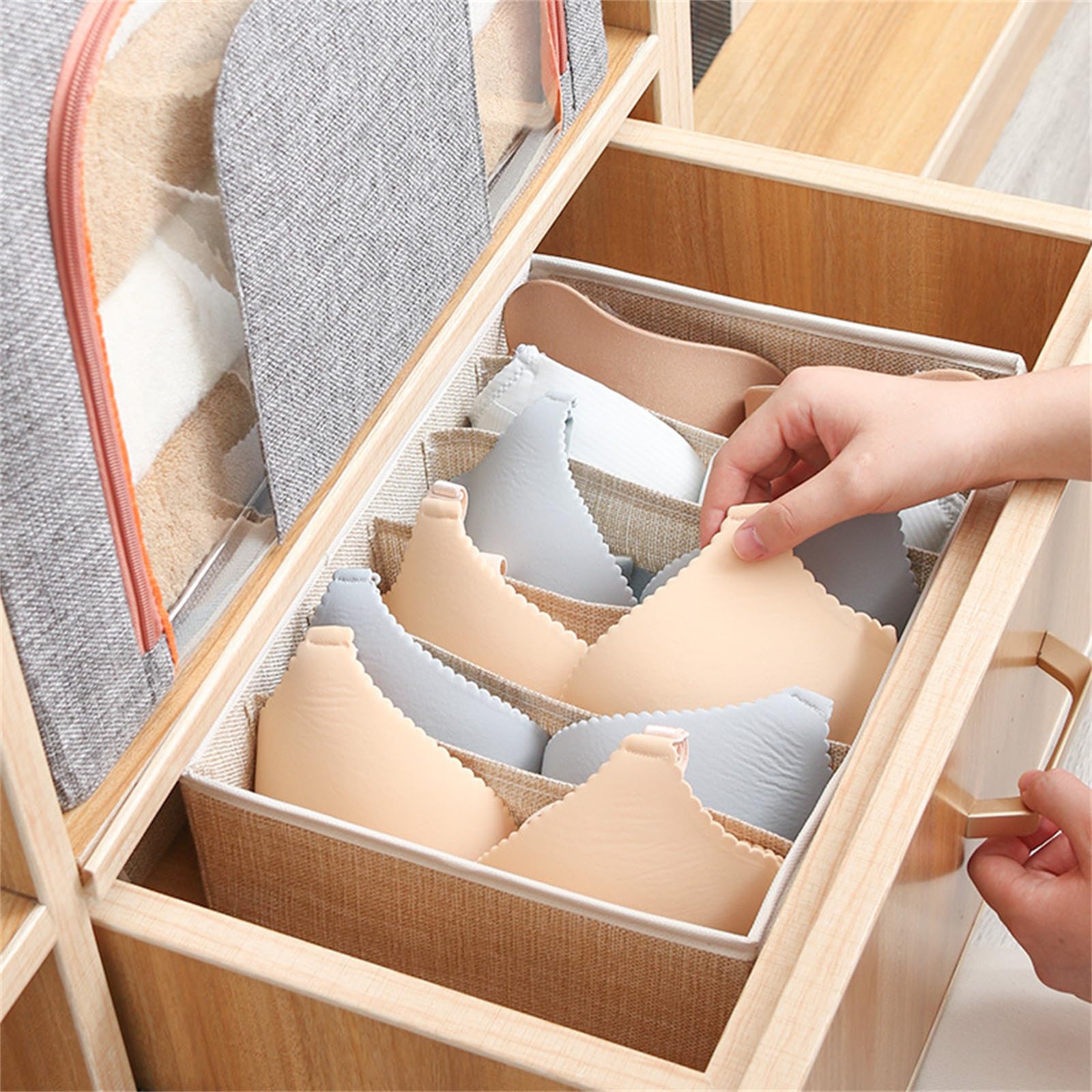 Caja de almacenamiento de tela de gran capacidad con tapa para organización de ropa interior, material de algodón y lino, diseño de compartimentos, H A