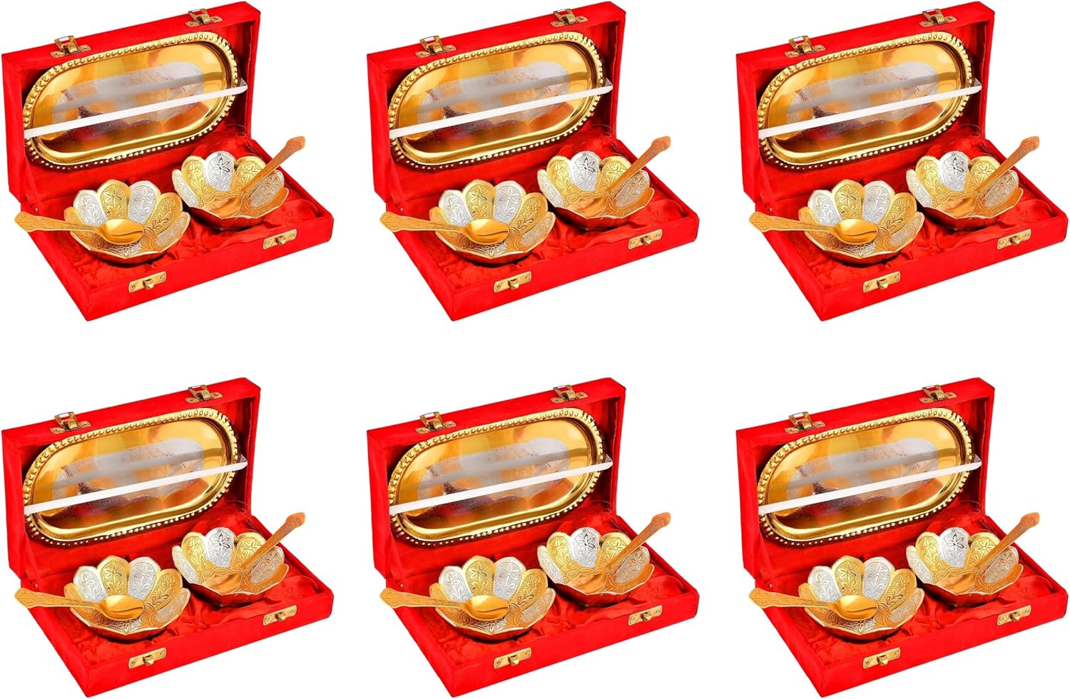 NOBILITY Bowl Spoon Tray Set Small Gold Silver Plated Dry Fruits Dessert Serving Diwali Eid Christmas Wedding Return Gifts Friends Family Housewarming Home Decoration Corporate Gift items 6 Sets