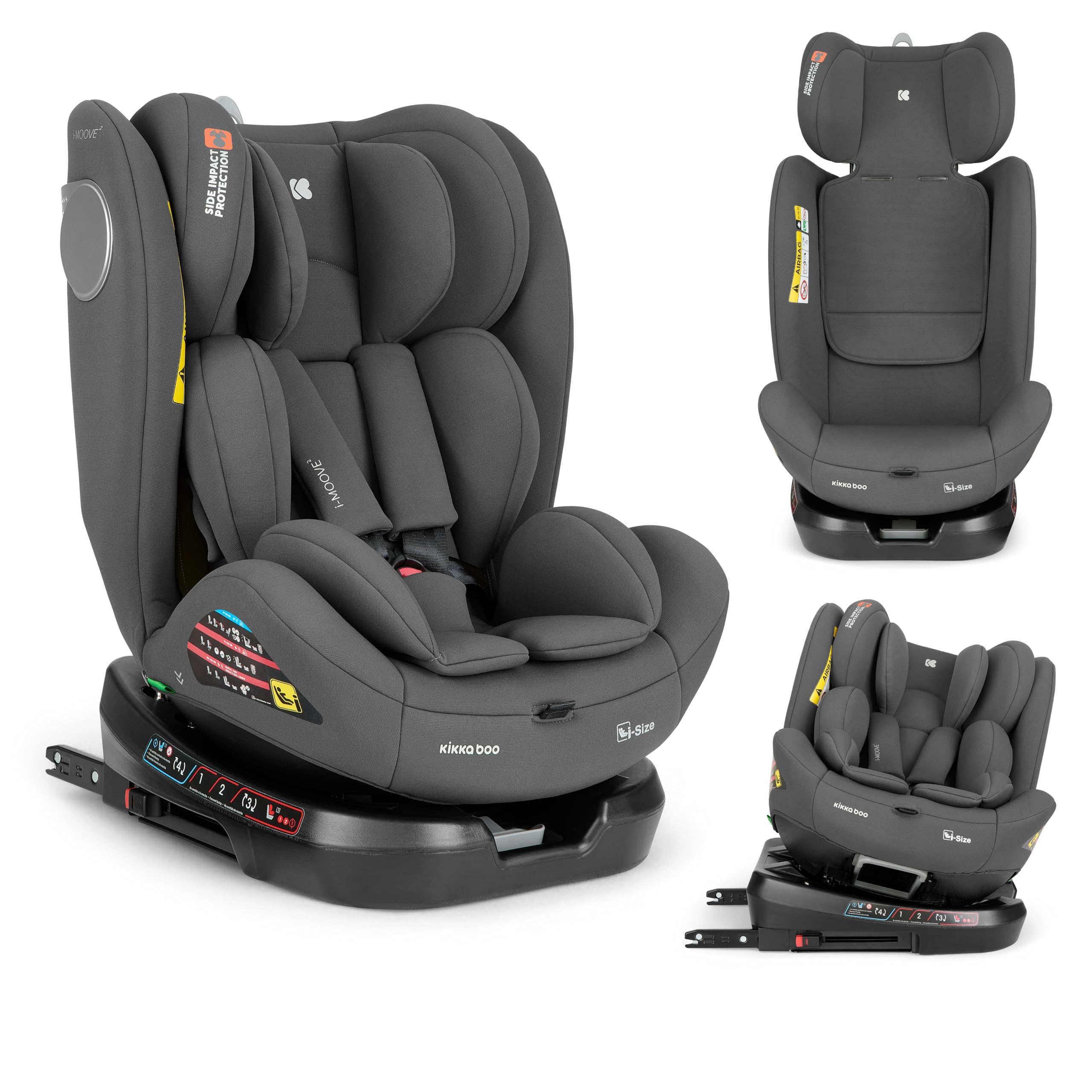 KikkaBoo Seggiolino Auto 0–36 kg ISOFIX i-Size i-MOOVE 2, 40–150 cm, Rotazione 360°, Reclinabile, Poggiatesta Regolabile, Contro e Fronte Marcia, Grigio Scuro