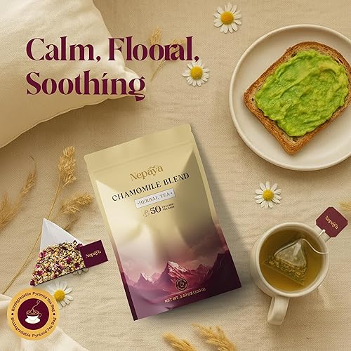 Miniatura 7 de Nepaya Bolsas de té de hierbas de manzanilla  50 bolsas de pirámide, mezcla de manzanilla del Himalaya y citronela, biodegradable, té para dormir
