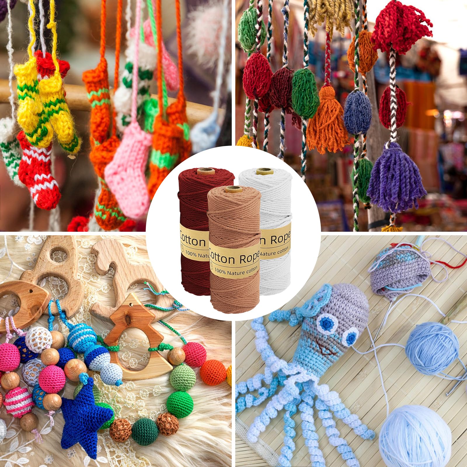 3 Pcs Corda Macrame 3mm x 100m, Macrame Kit, Macrame Corda, Macramè Filo Corda, Filo Cotone per Arazzi, Appendini per Piante, Artigianato Fai da Te, Decorazioni Boho