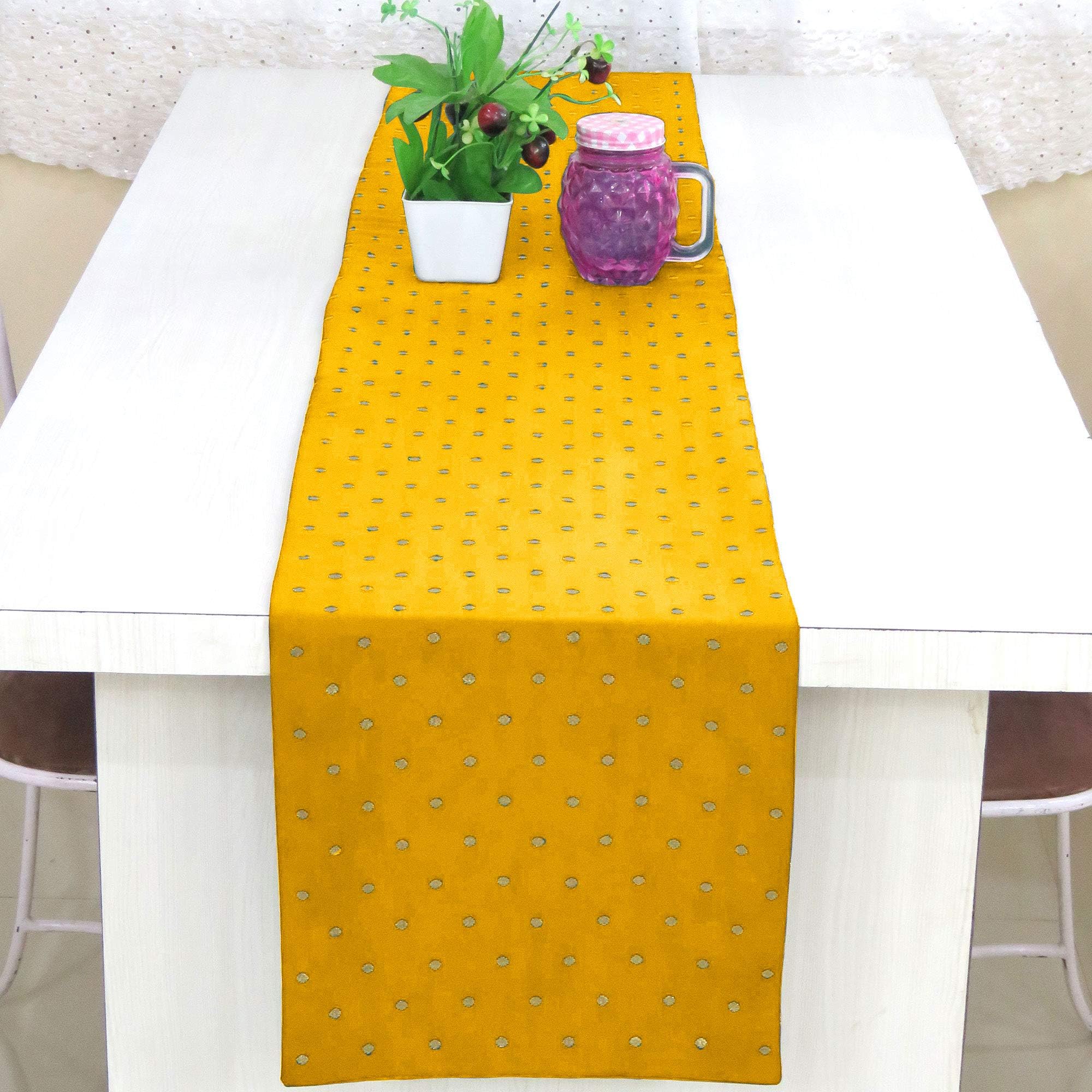 Riara Art Silk Banarsi Brocade Traditional Table Runner for Dining Table 4 & 6 Seater Table Cloth Rectangle Coffee Table Cloth 72x12 Inches (183 x 31 cm) (Yellow)