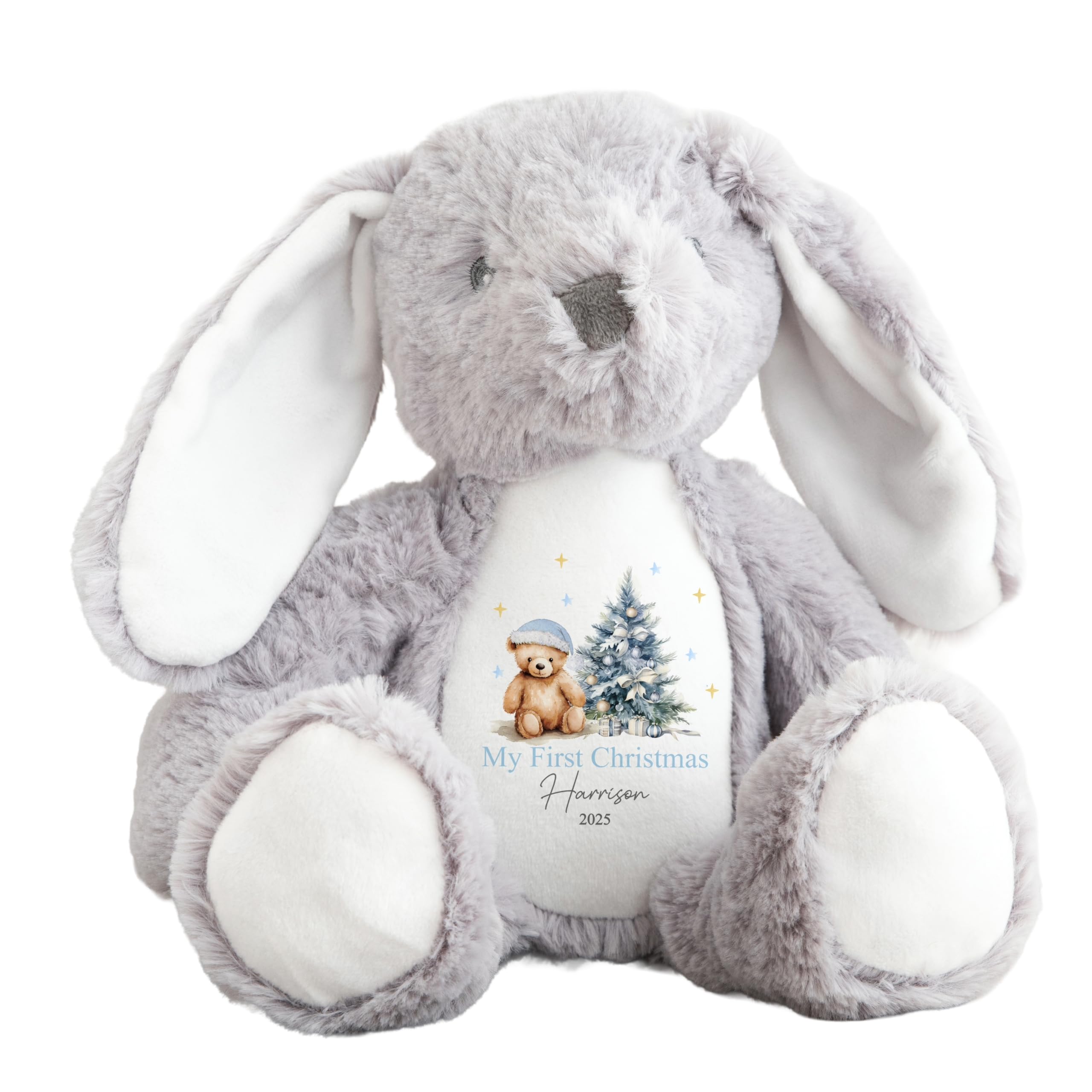 allaboutthebump My First Christmas Personalised Blue Teddy Tree Plush Collection, 23cm Soft Reindeer Penguin Bunny, Customisable Holiday Keepsake Toys with Winter Scene, White Grey (Bunny: Grey)
