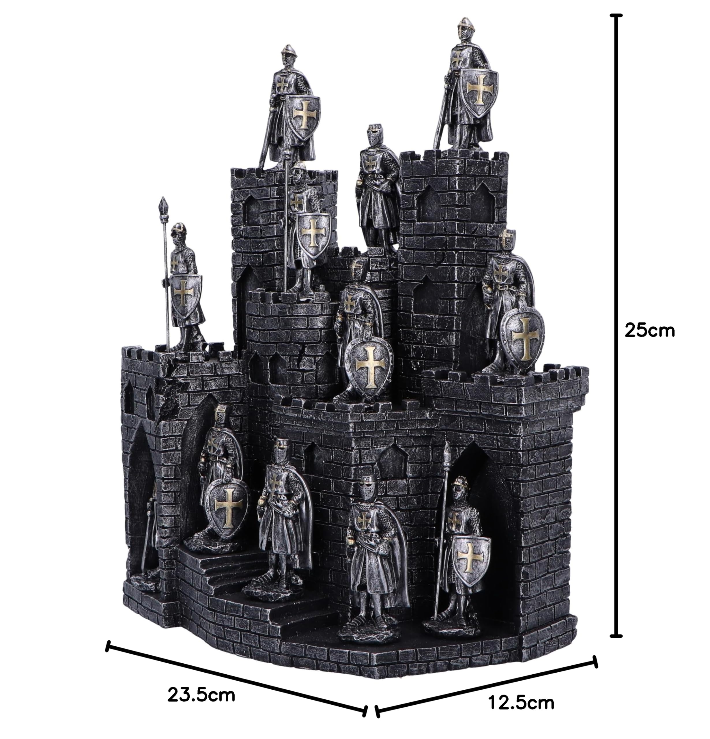 Nemesis Now Ritter des Turms Display mit 48 Ritter Figurenset 25cm, Harz, Silber, Mittelalterliches Schloss mit 48 Ritterfiguren-Set, Ritterartikel, gegossen aus feinstem Harz, handbemalt