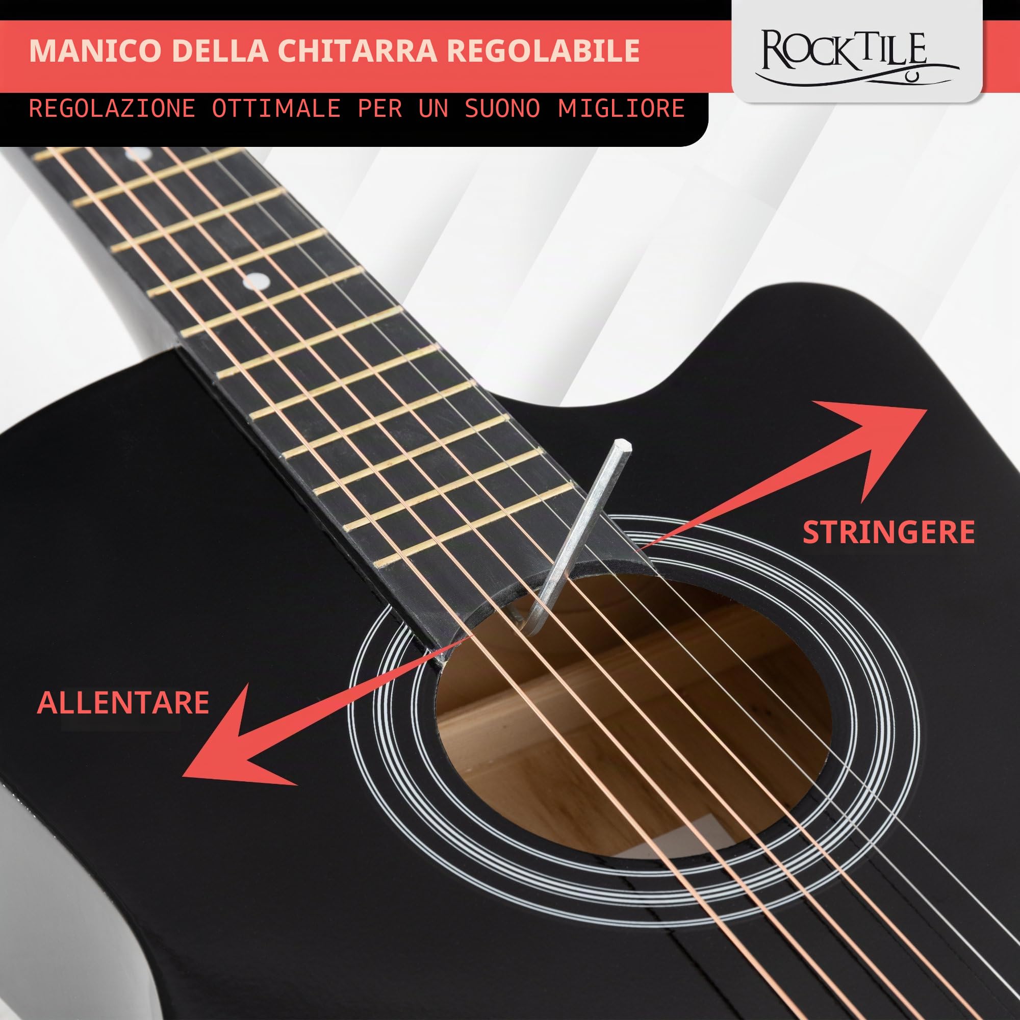 Rocktile WSD-5C-BK Slim Line Set Chitarra Western Nera, Generale, Peso: 1 | Modello: WSD-5C-BK, 4 kg, Lunghezza totale: 95 cm, Numero di corde: 6, Orientamento: Destrimano, Corpo, Top: Tiglio, Manico