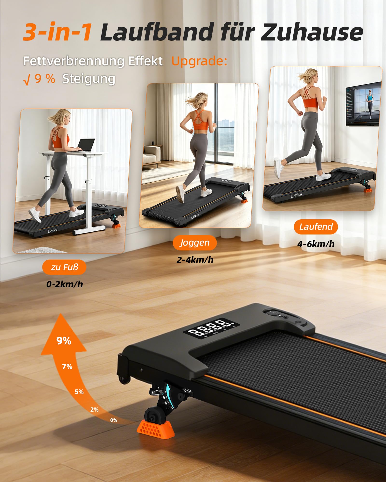 Lichico 3-in-1 Walking Pad mit 9% Steigung-Laufband für Zuhause Klein/Laufband Klappbar, platzsparendes Heimtraining mit max. 150 kg Belastbarkeit, wählbar in 3 Ausführungen