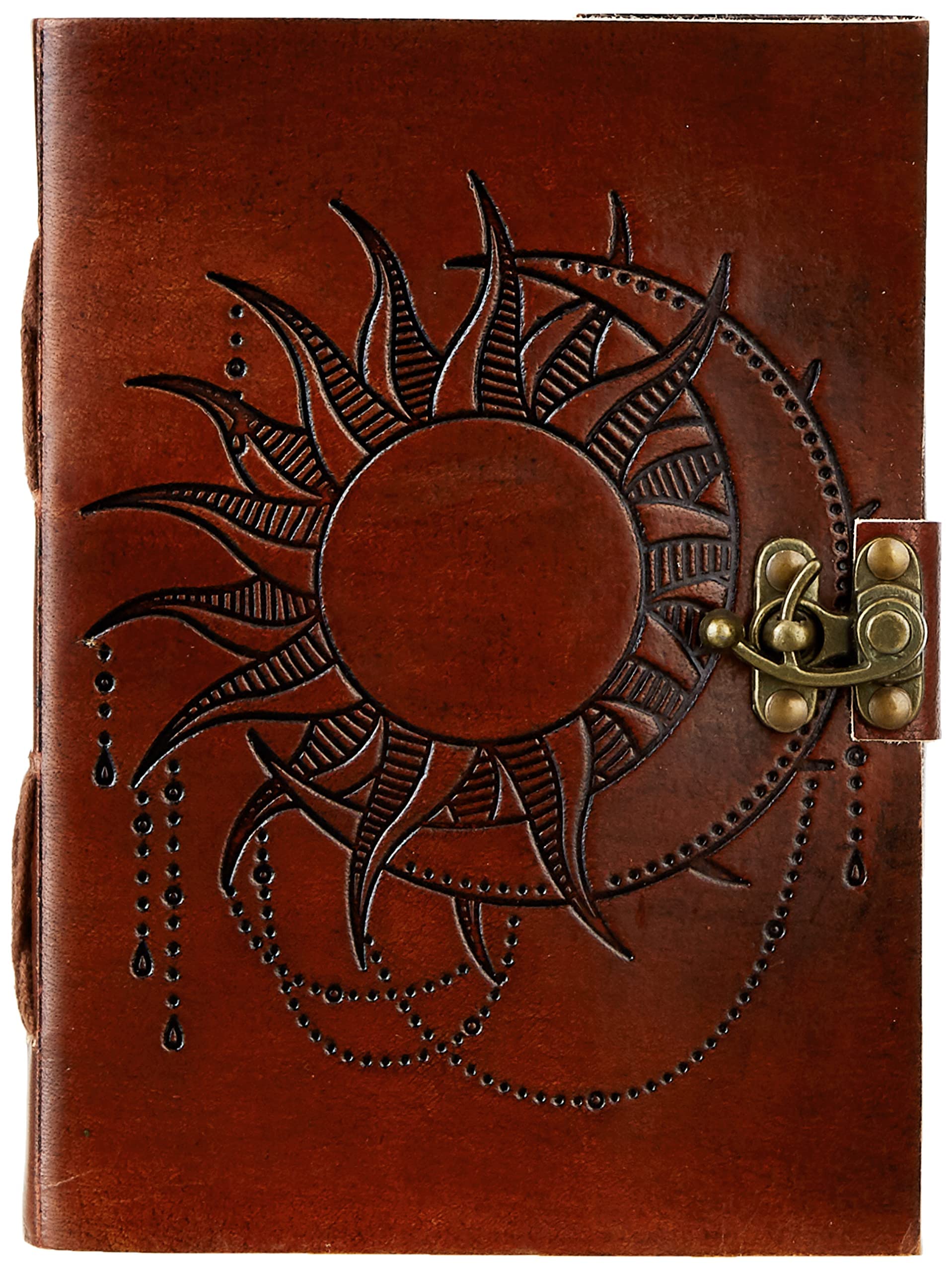 Amazon Brand - Solimo Handcrafted Antique Leather Journal With Embossed Sun & Moon Design With A Vintage Lock, Personal Organizer, Unruled Pages, 7X5 Inches, 200 Pages/120 Sheets (Dark Brown)