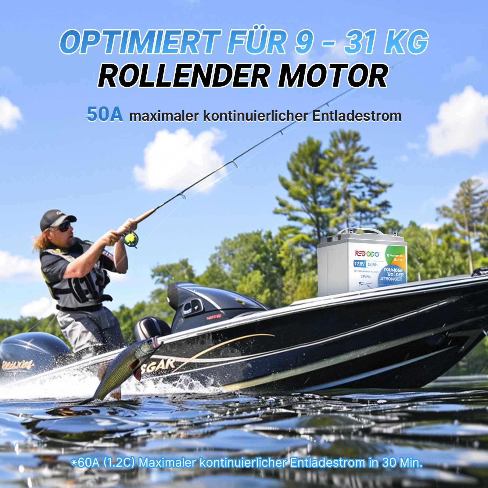 Redodo Akumulator LiFePO4 12 V 50 Ah Bluetooth do silników trollingowych, z 50 A BMS ochroną przed niską temperaturą, każda 640 Wh (łącznie 1920 Wh), idealna do kamperów, łodzi, na kemping, 10 lat