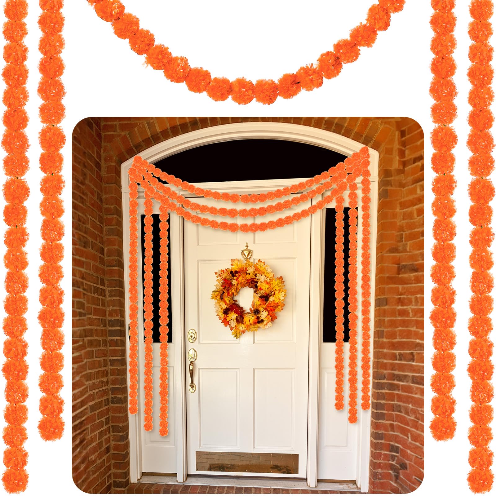 Guirlande de calendula indienne Diwali orange lot de 5 pour décoration de fête