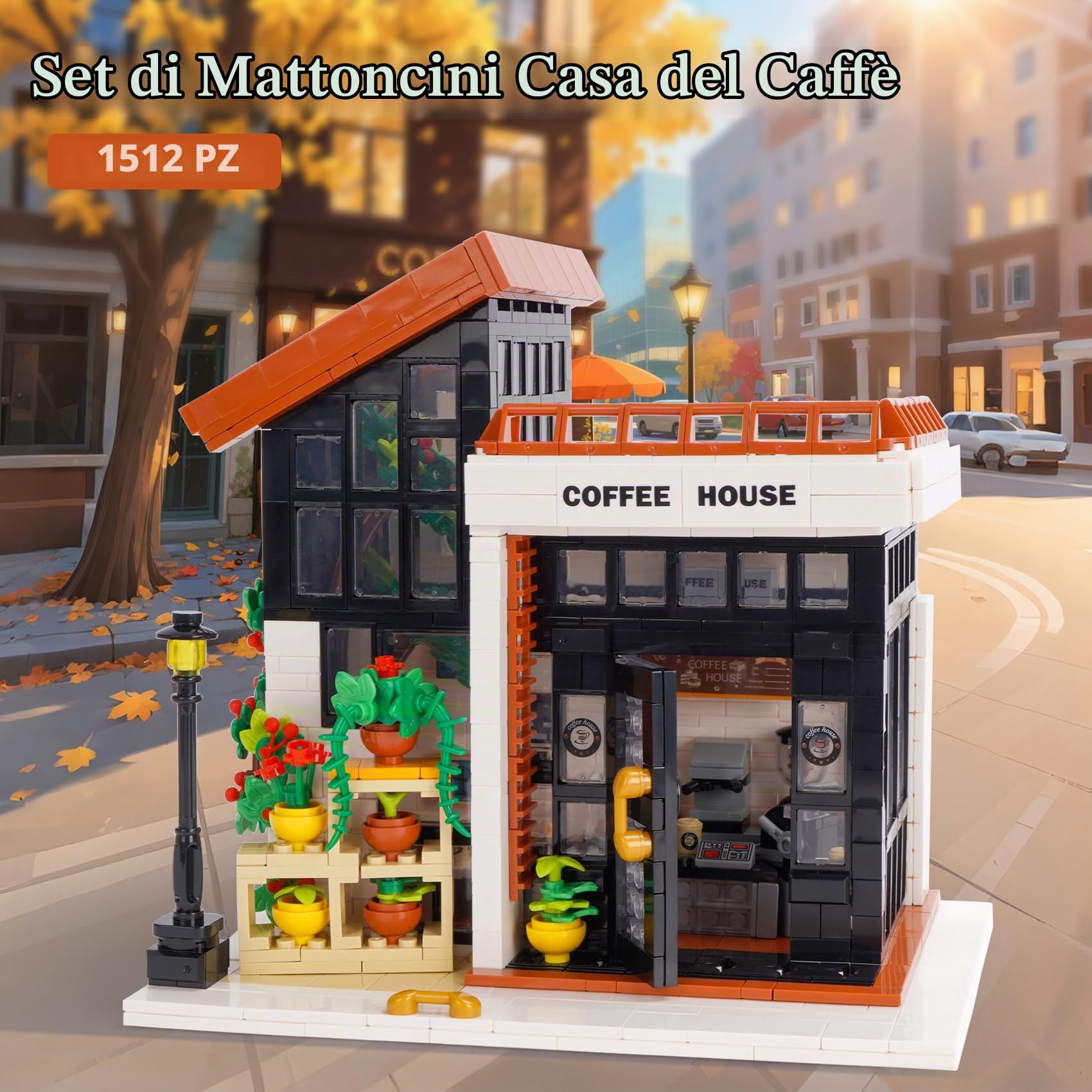 Caffè Casa Set di Costruzione, 1512PCS Caffè della Città Modello di Costruzione Decorazione per la Casa Giocattolo di Architettura Casa Vista Stradale Creativa(Caffetteria)