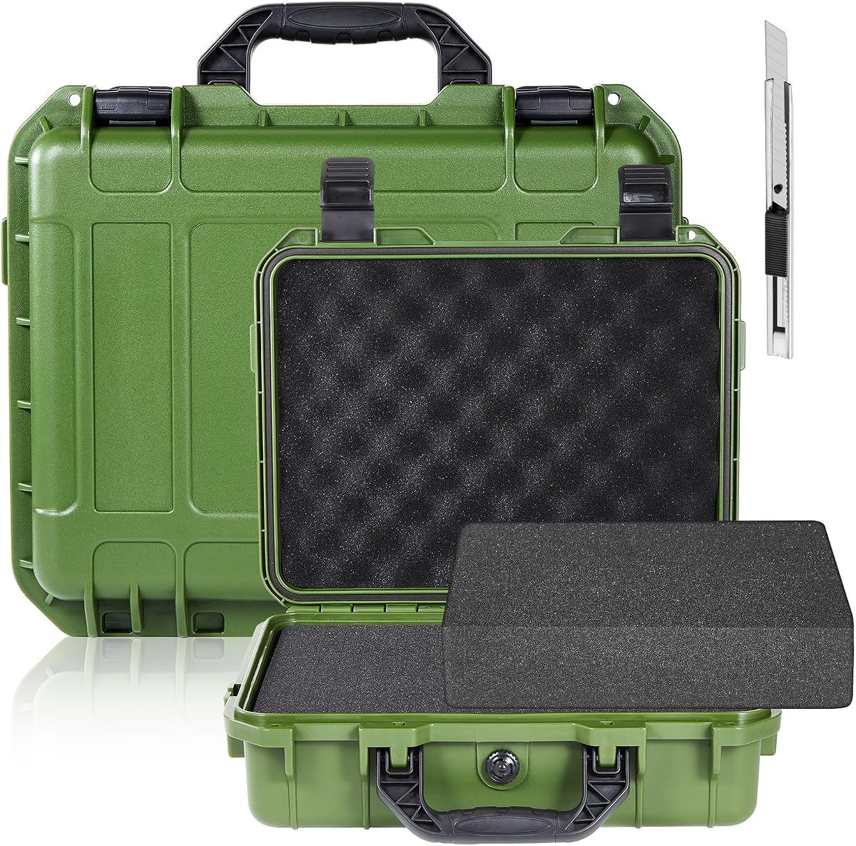 Relaxweex 1 estuche rígido impermeable con inserto de espuma personalizable DIY estuche protector portátil con cuchillo para cámaras drones equipos herramientas instrumentos de prueba (verde, 11,3 x 8,7 x 4,2 pulgadas)