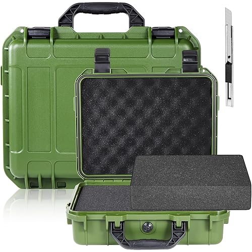 1 Pcs 14.3 x 11.4 x 4.5 Inch Waterproof Hard Case with DIY Customizable Foam Insert Portable Protective Case with Knife for Camera Drones Equipments Tools Test Instruments (Green)
