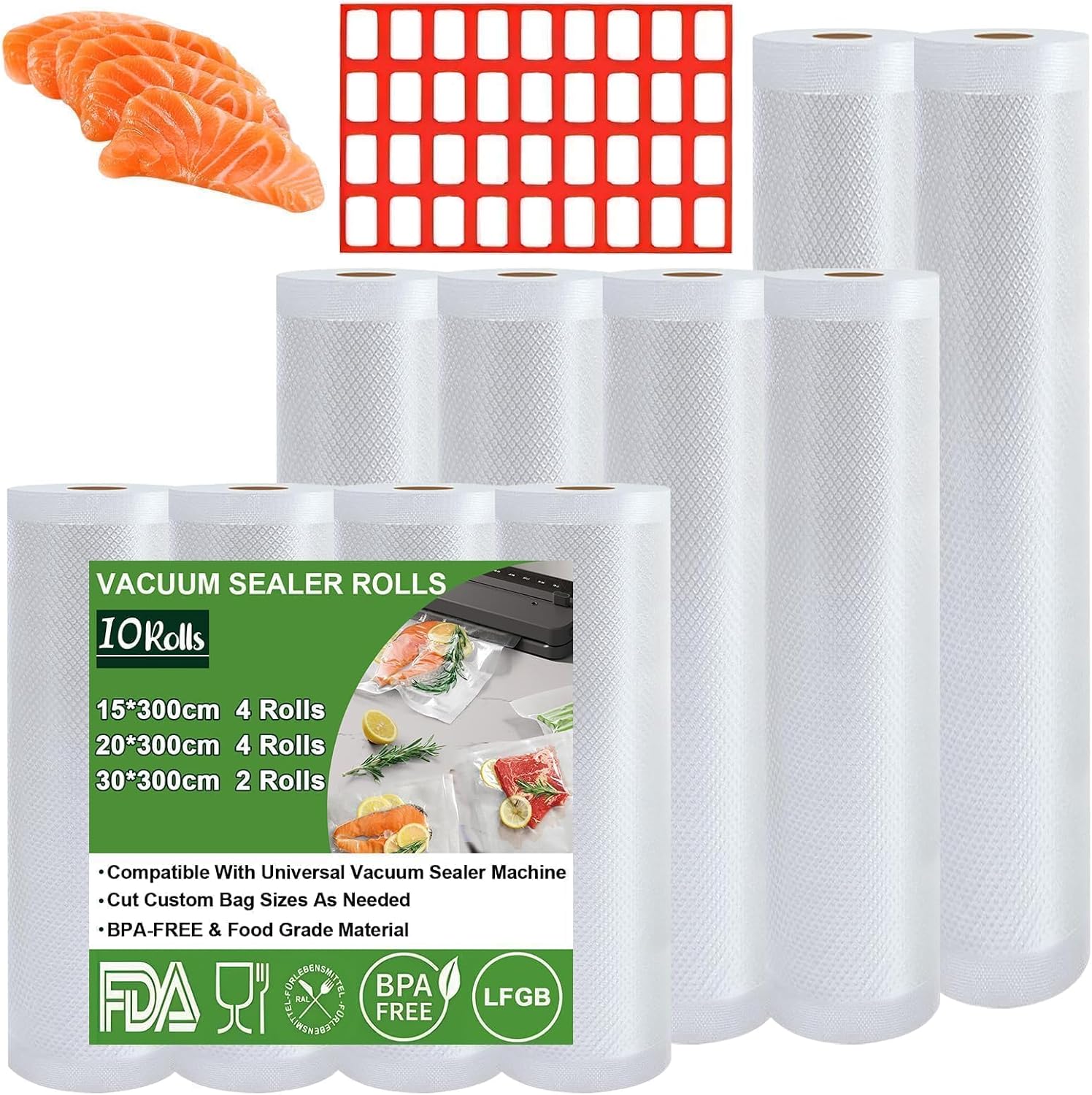 Vacuum Sealer Rolls 10 Rolls Vacuum Film 30/20/15 x 300 cm Roll Vacuum Bags Food BPA-Free Tear-Resistant 190  m Vacuum Sealer Bags for Vacuum Sealers Microwaves and Sous Vide