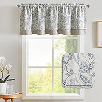 Vista 2 de Vangao Cortina de lino para cocina, diseño rústico floral de doble capa, bolsillo para barra, tratamiento de ventana de 18 pulgadas, azul sobre beige