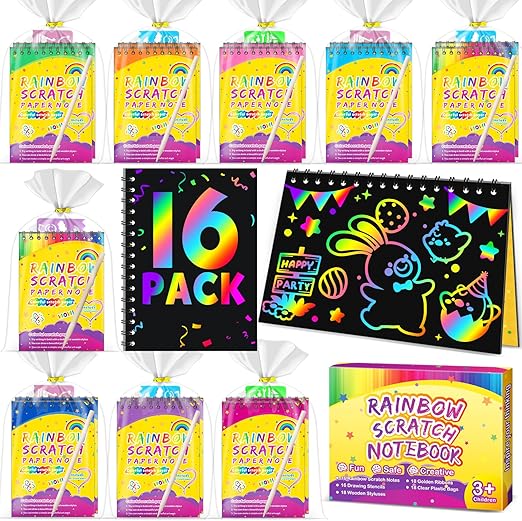 Party Favors for Kids 4-8-12: 16 Pack Scratch Rainbow Art Crafts Notebook, Coloring Book Goodie Bags Stuffers Kit, Bulk Birthday Gift Classroom Prizes Girl Boy Toddler