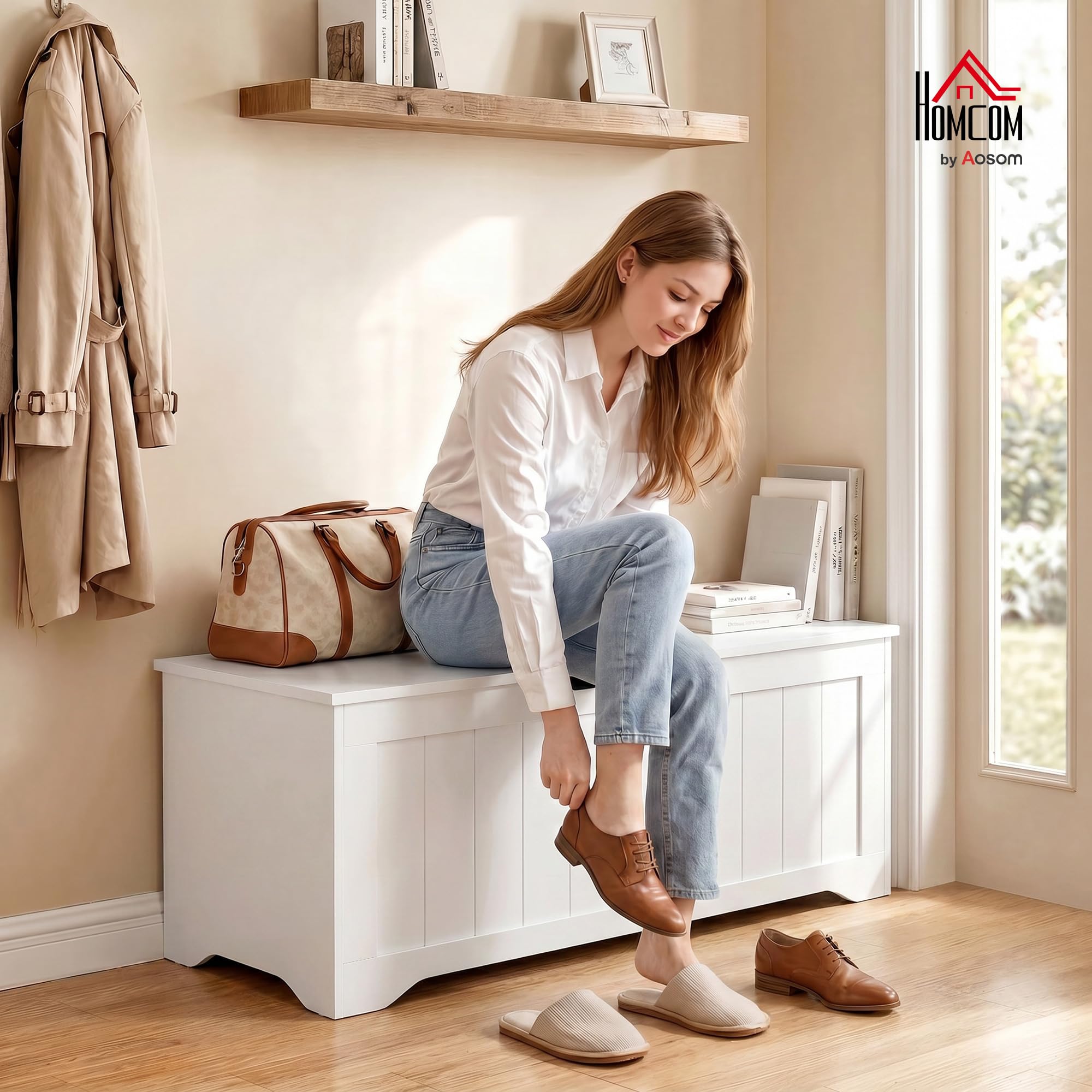 HOMCOM Coffre de Rangement 136 L Design sans Poignée 100 x 40 x 45 cm Blanc