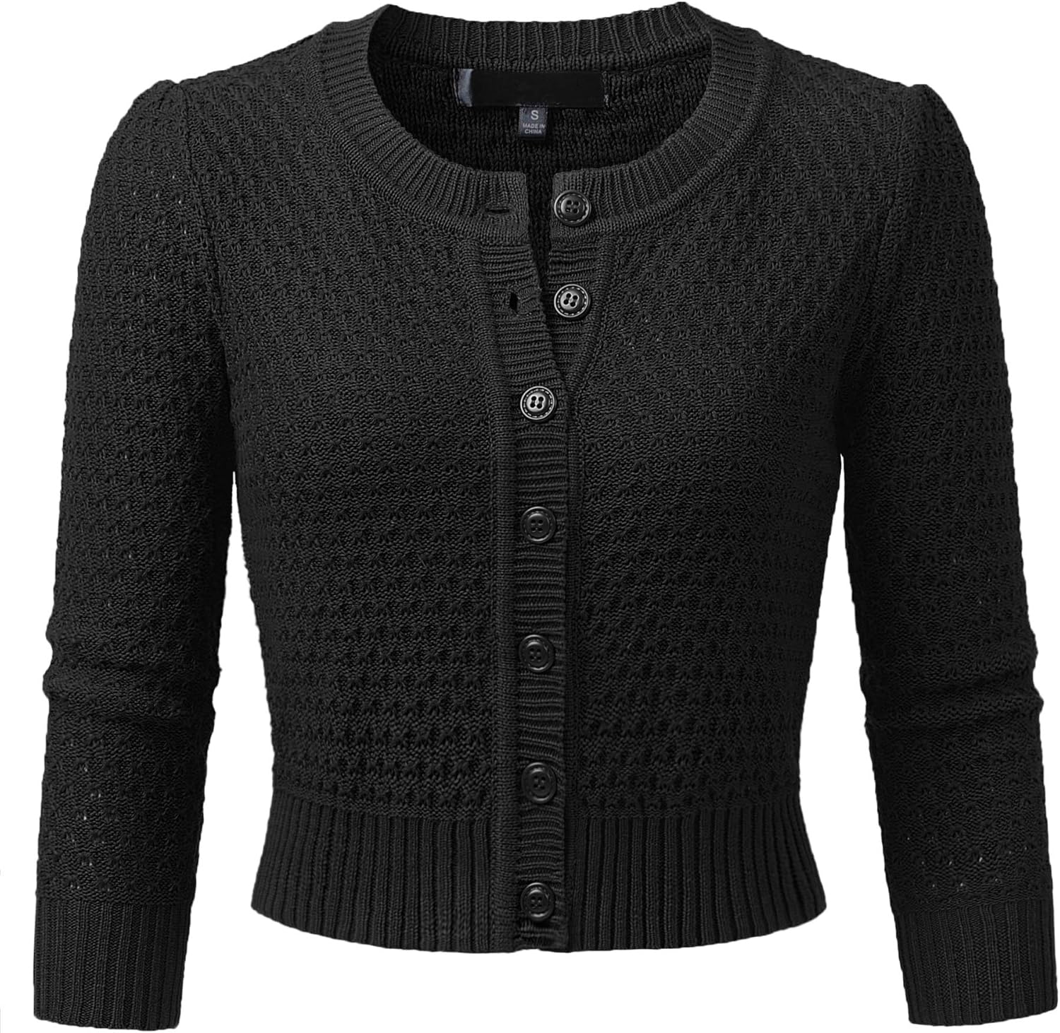 Women's 3/4 Sleeve Crew Neck Button Down Cotton Knit Cropped Cardigan Sweater (S-3XL)