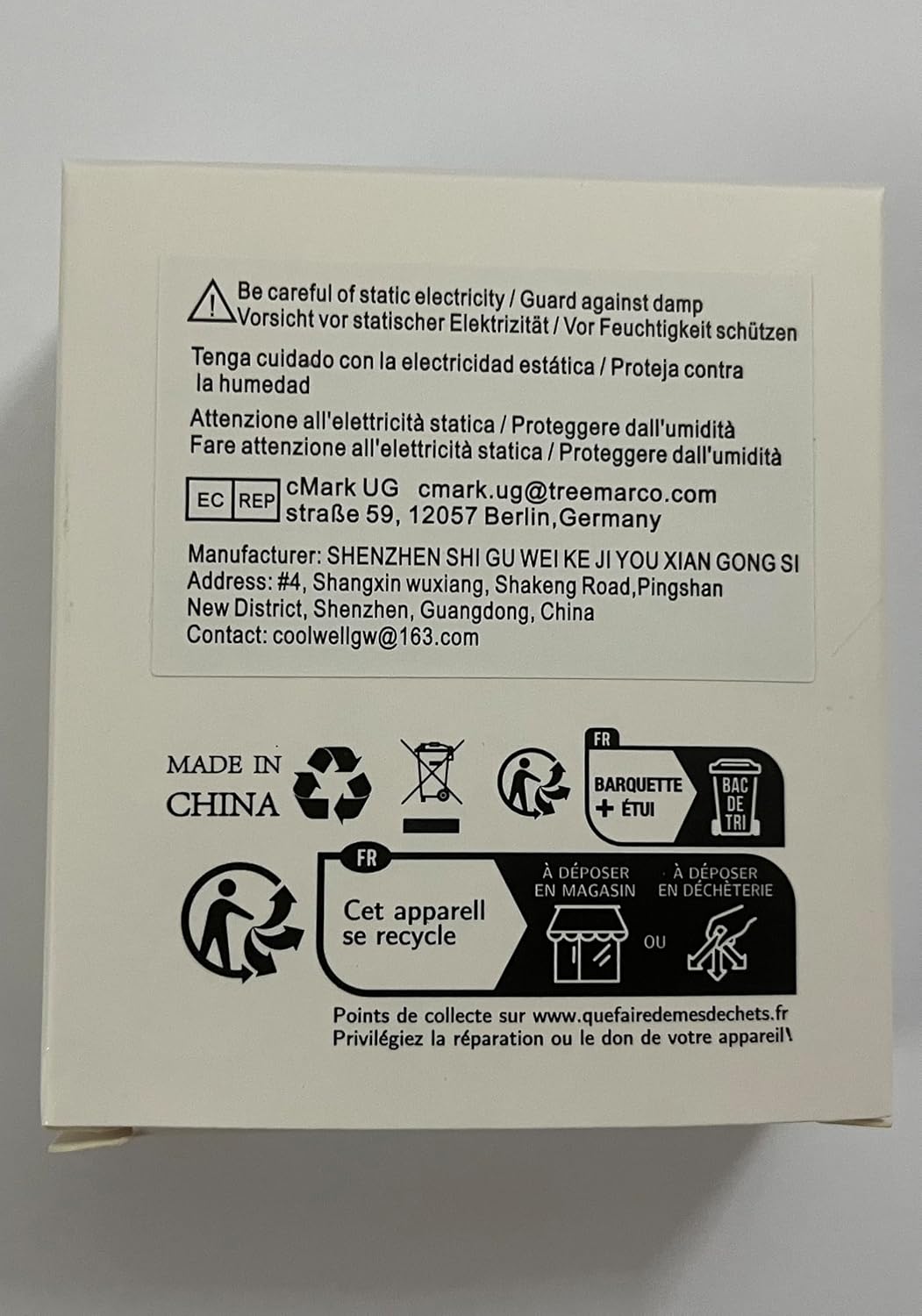 Product packaging with warnings about static electricity and dampness