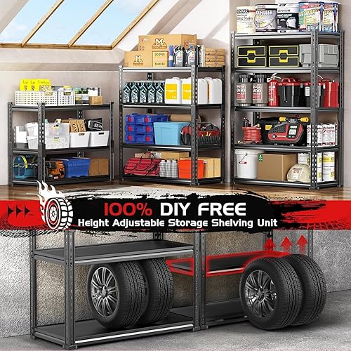 Miniatura 8 de TigerParty Estantería de garaje resistente de 2050 libras, estantes de almacenamiento ajustables de 5 niveles, estantería de metal y estante de