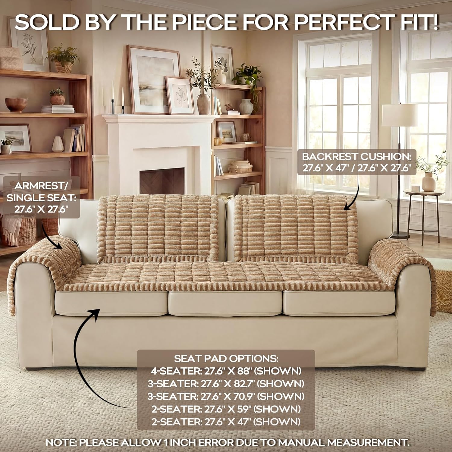 decorUhome Fuzzy Pet Couch Cover for Dogs, Non-Slip Sofa Covers for 3 Cushion Couch, Soft Thick Furniture Couch Protector, Washable Sofa Slipcovers, Khaki, 27.6" x 70.9"