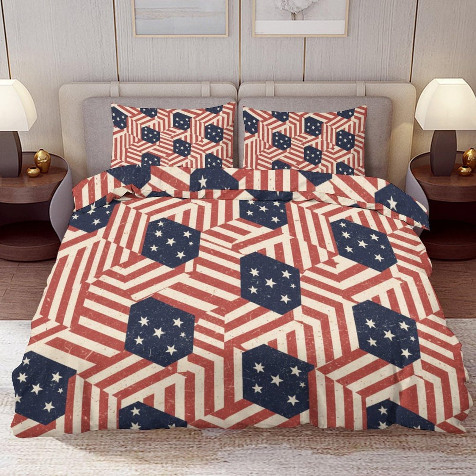 Delerain Comforter Cover Set King Size, Geometric American Flag Theme 3-Piece Bedding Set for Women Men Modern Soft Microfiber Bedroom Set Room Decor, 1 Duvet Cover + 2 Pillowcases