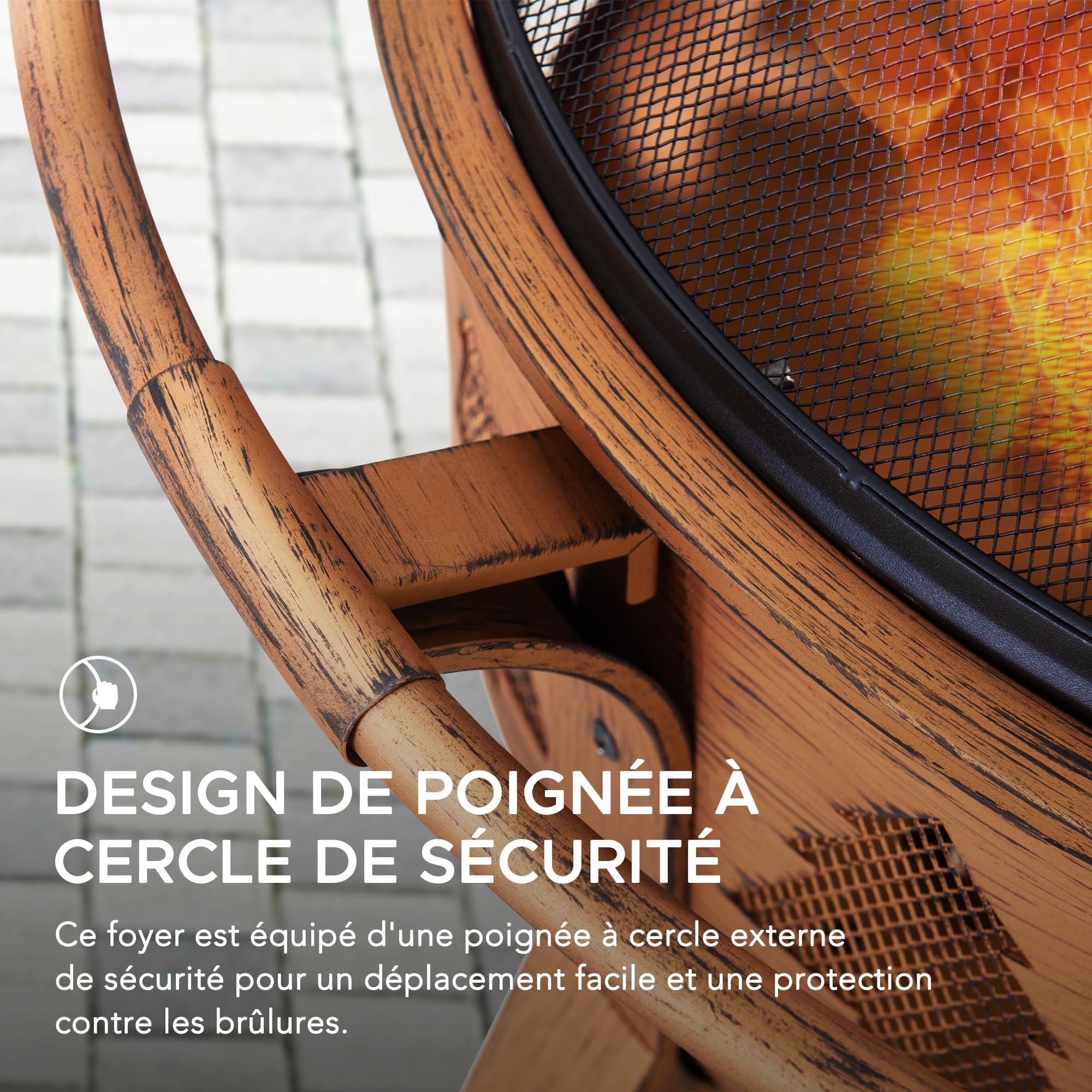 SUNJOY Foyer de Jardin, diamètre 76 cm, Brasero Rond en Acier avec Grille Pare-étincelles et tisonnier, Foyer à Bois d'extérieur pour terrasse, Couleur cuivre, Design Sapin de Noël