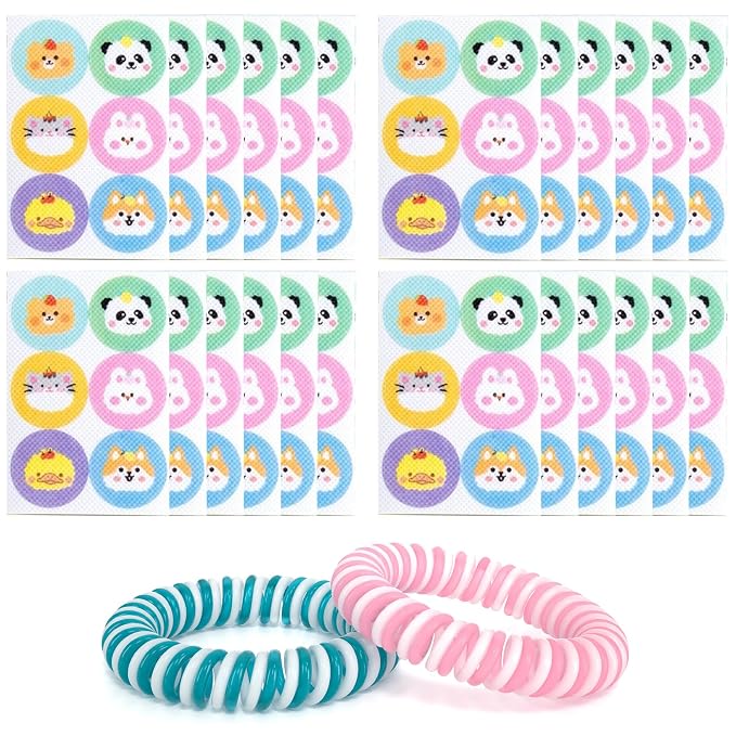 144 pcs Mosquito Repellent Patches, Mosquito Stickers for Kids Cloth, Mosquito Patches, Outdoor Adventures and Daily School Protection, Patches with 2 Wristbands and Cute Animal Designs