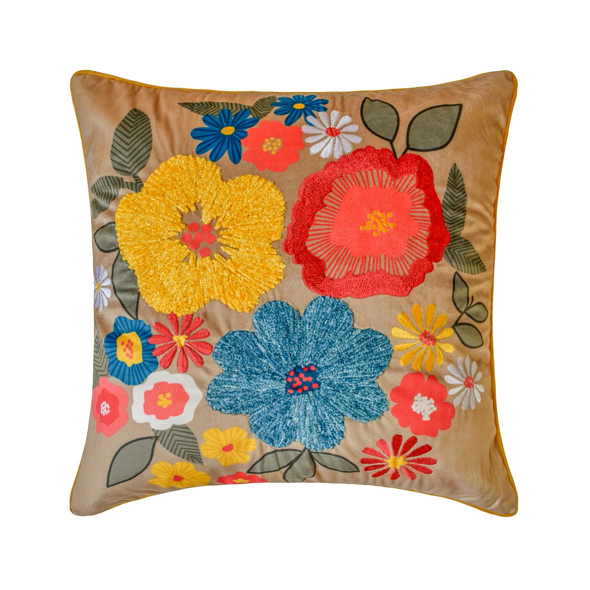 The HomeCentric Pack of 2 Decorative Toss Cushion Cover Beige 40x40 cm Velvet Floral, Embroidery, Boucle Embroidery Sofa Cushion Covers, Floral Modern Style - Sunburst Blooms โ image 1
