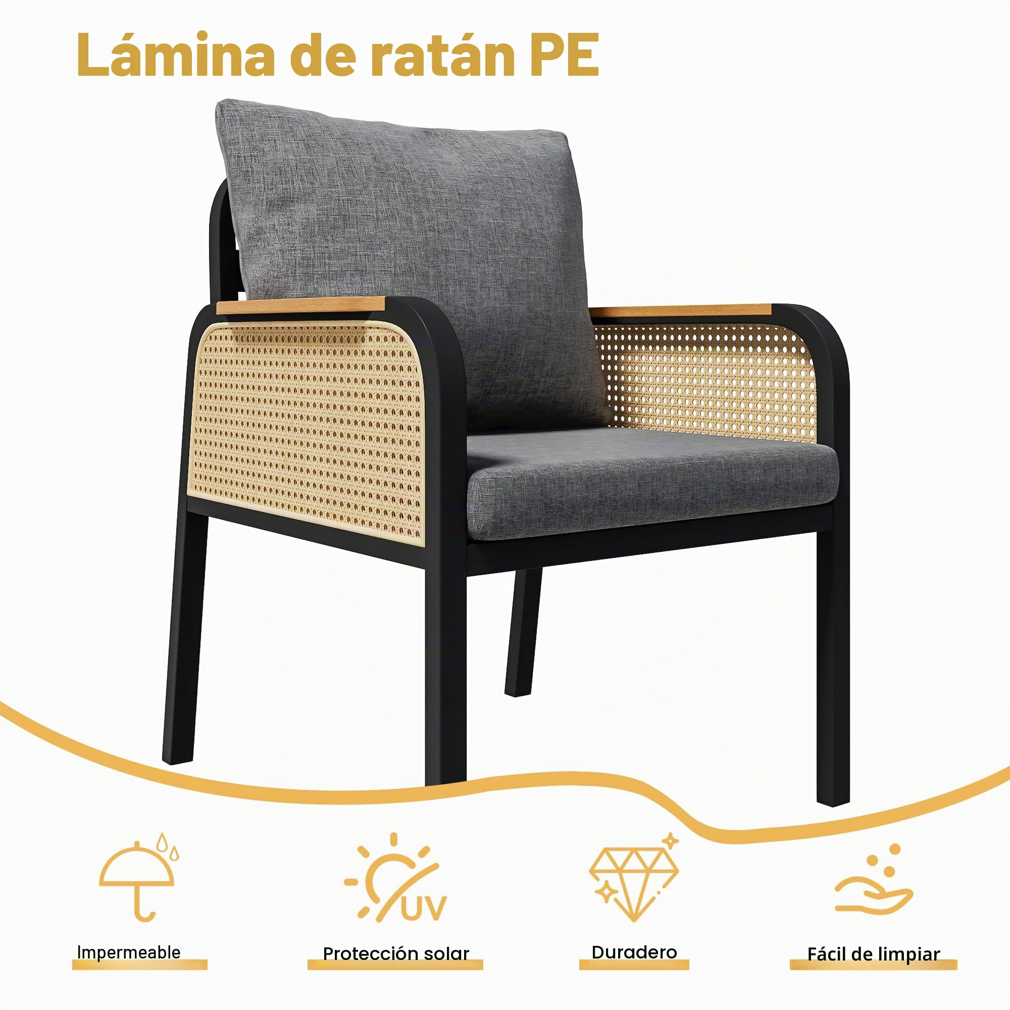 Conjunto de Jardin Exterior para 6 Personas, 7 Piezas, Set Muebles Jardin con 6 Sillones de Ratán y Mesa, Sillas con Cojines, Juego de Muebles de Jardín para Terraza Patio (Negro + Natural)