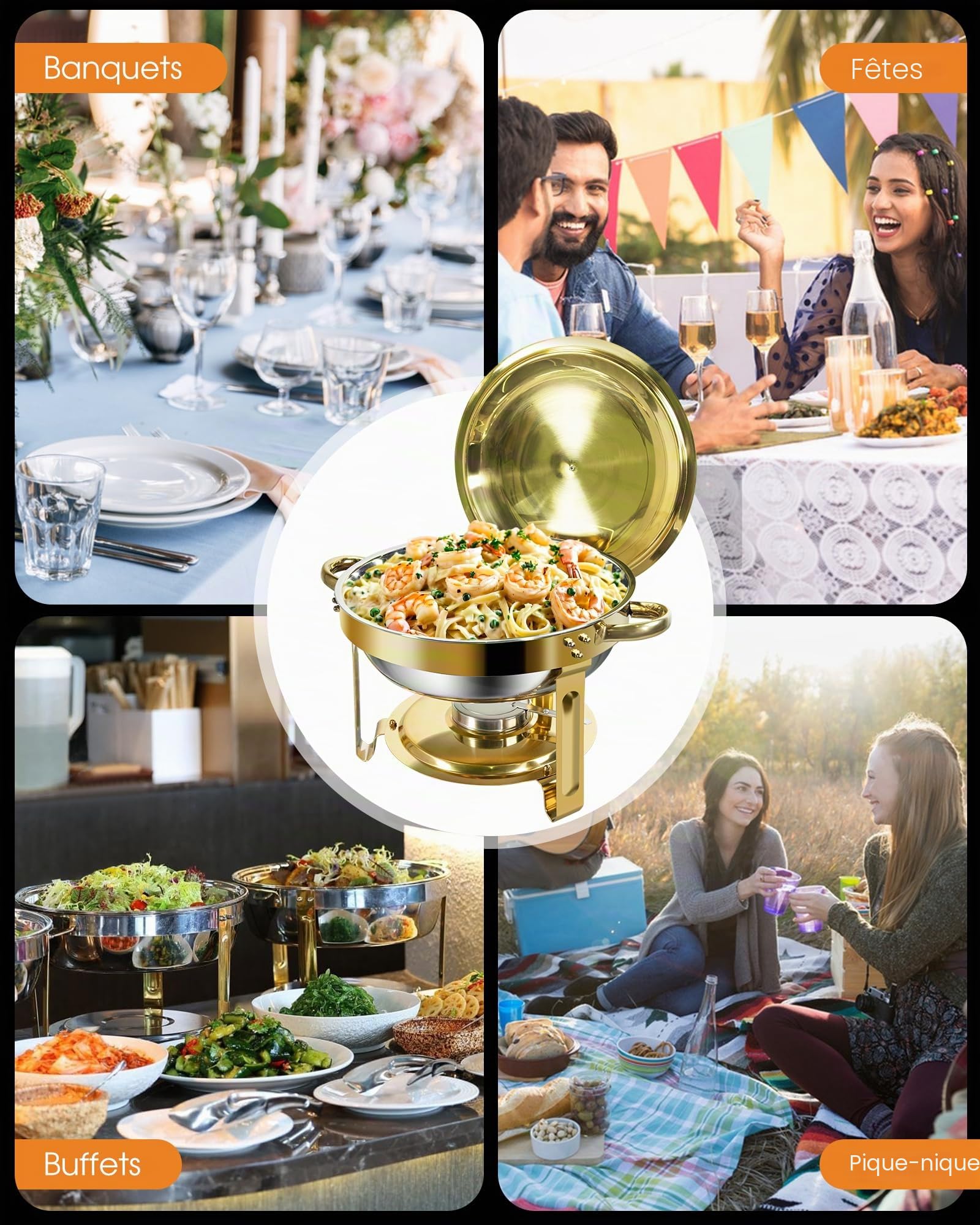 Dorés Chafing Dish Buffet 5L[Solide et Durable, Haute qualité],2PCS Ronds Chafing Dish en Acier Inoxydable,Buffets Chauffants [élégant Or et Argent] pour Restaurants,Traiteurs,Fêtes,Mariages