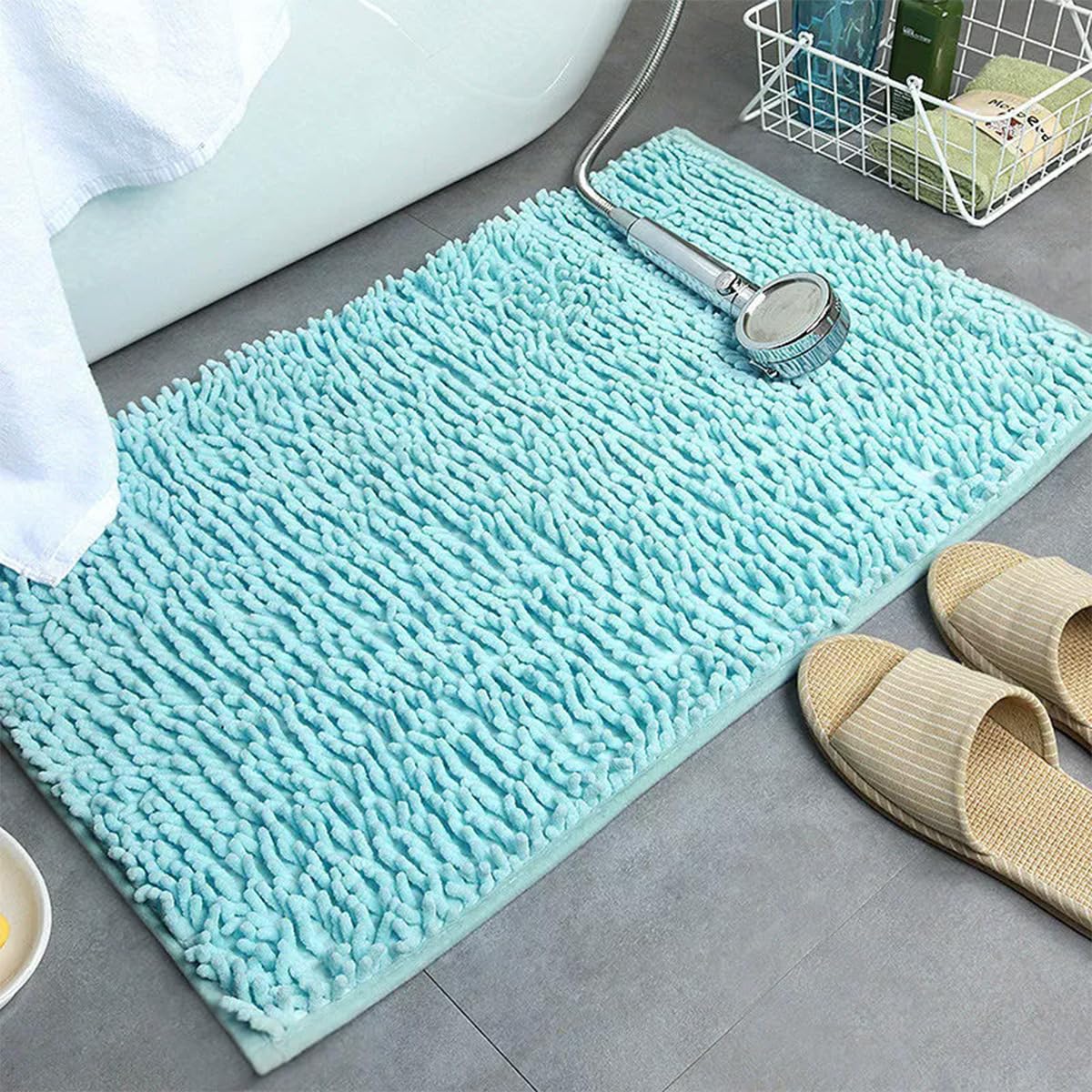 Chenille Bath Mat, Extra Thick Fluffy Absorbent Bathroom Mat, Non-Slip Backing Anti-Mould Design, Machine Washable Quick Dry Bath Rug for Shower Floor (Aqua,60x40cm)