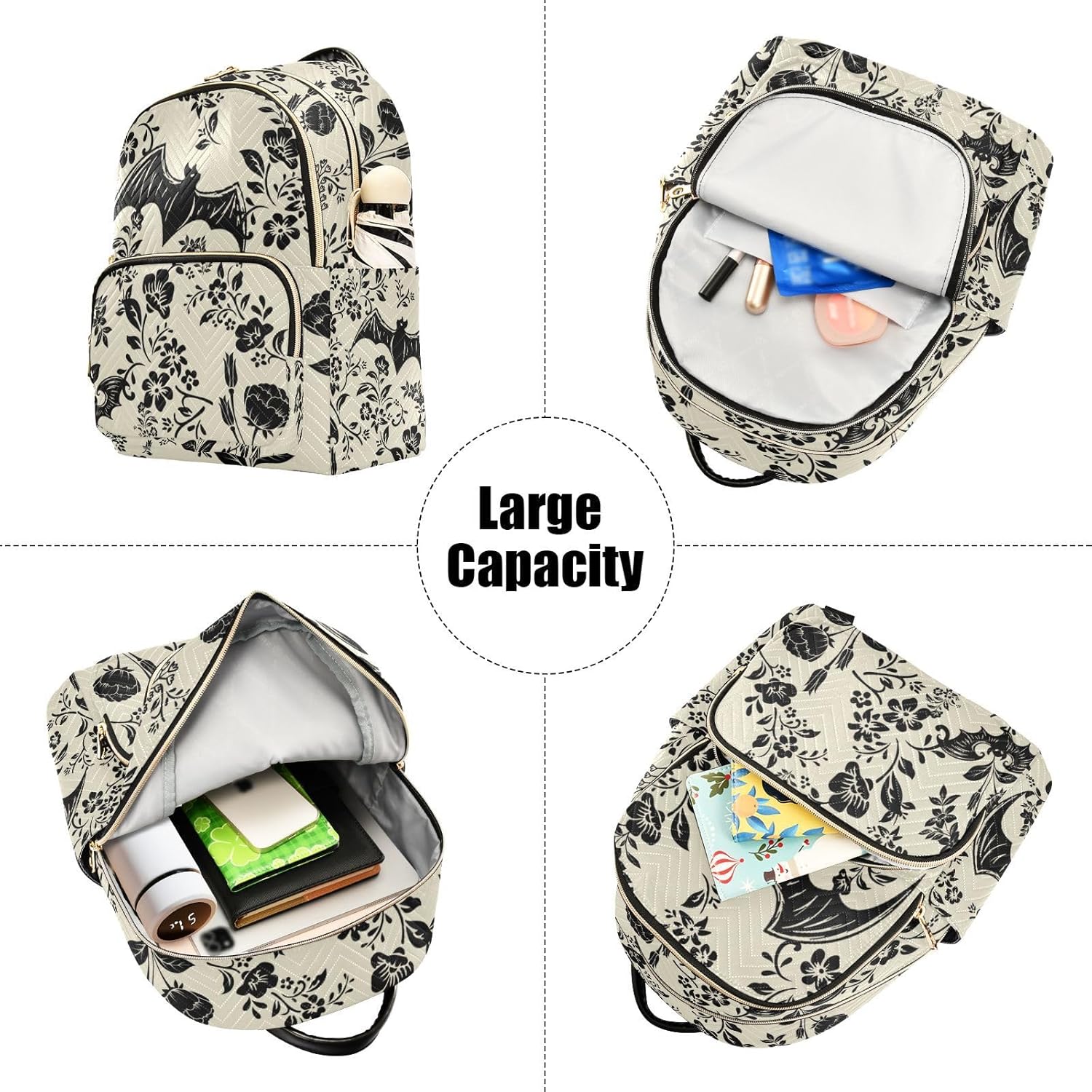 Goth Bat Flowers Quilted Backpack Purse for Women Fashion Small Backpack Shoulder Bag Travel Casual Daypack S - Image 5