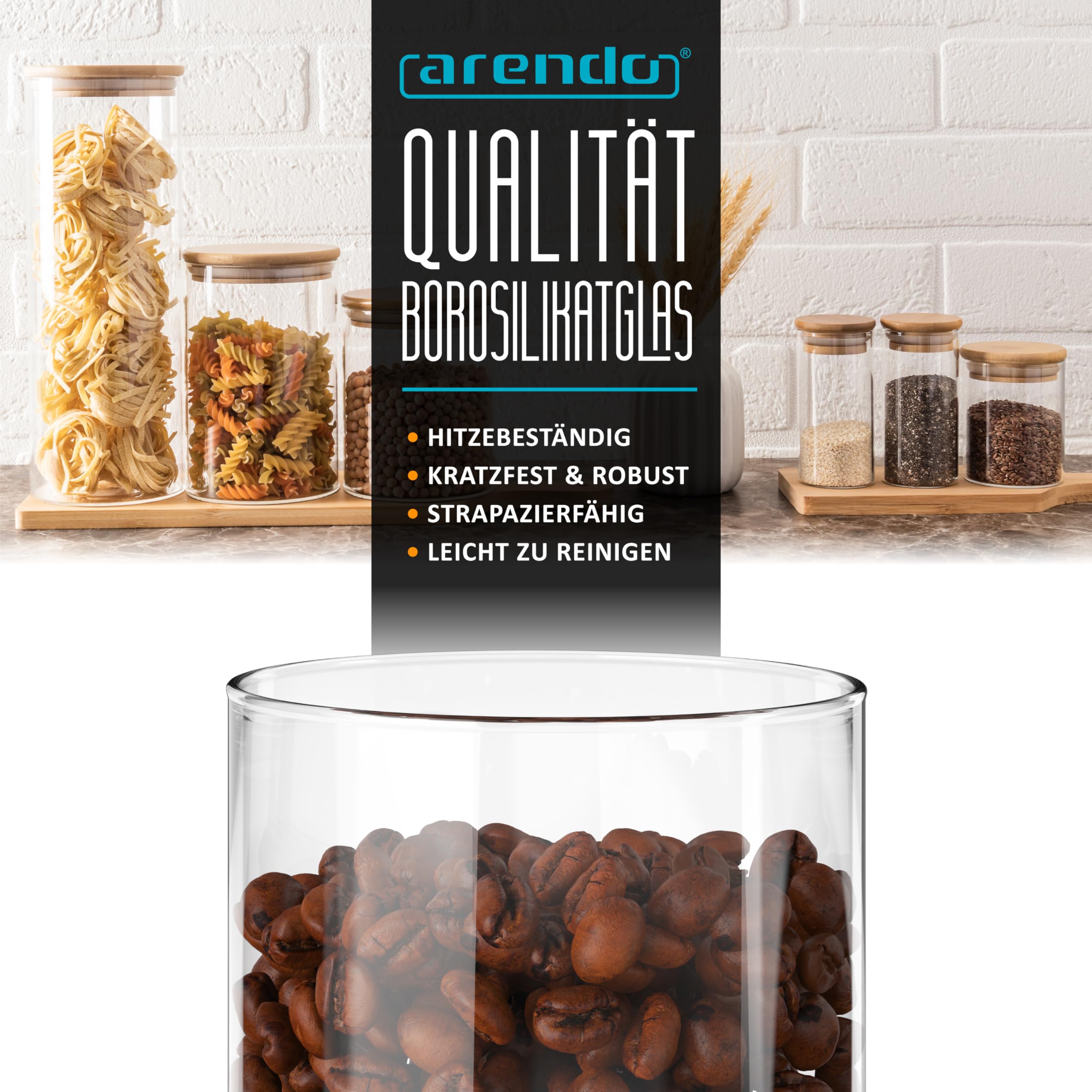 Arendo - Vorratsgläser mit Deckel - 10er Set - Behälter aus Glas – hitzebeständig – Vorratsdosen mit Bambusdeckel - luftdicht - für Müsli Zucker Mehl Kaffee Reis