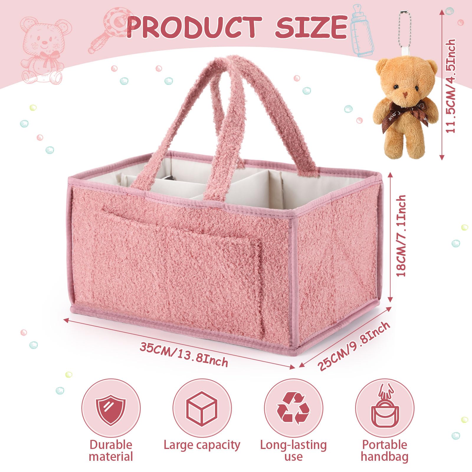 Teenyyou 2 Pack Baby Caddy Organizers Large Diaper Organizers Nursery Storage Basket with Handle Tiny Doll Ornament for Changing Table Baby Shower Gift Party Favor Car Stuff Newborn Essential(Pink)