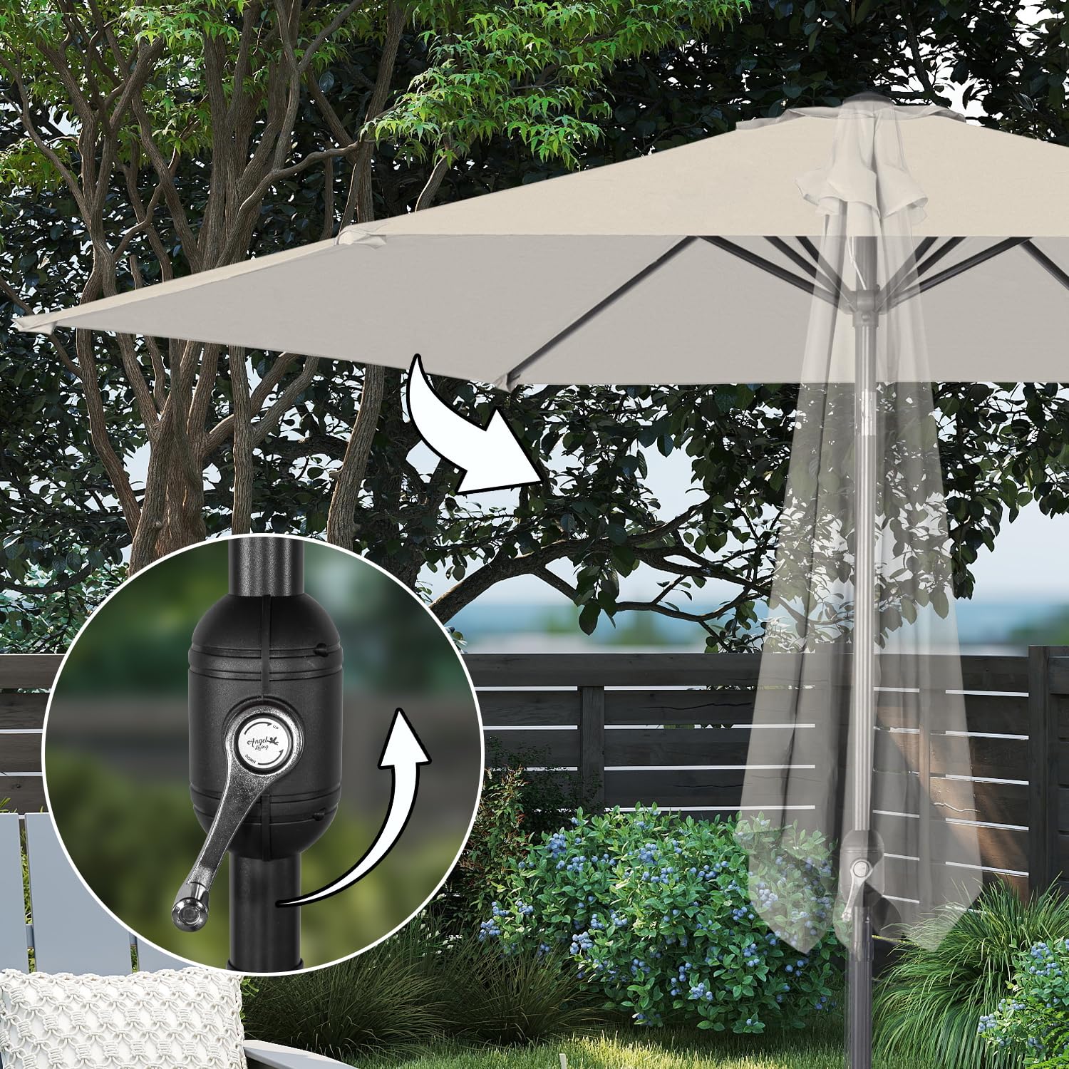 Angel Living 300cm Parasol de Acero con Inclinación, con Manivela, Sombrilla con Mástil de Acero de 38mm para Patio Terraza Playa (Beige Claro)