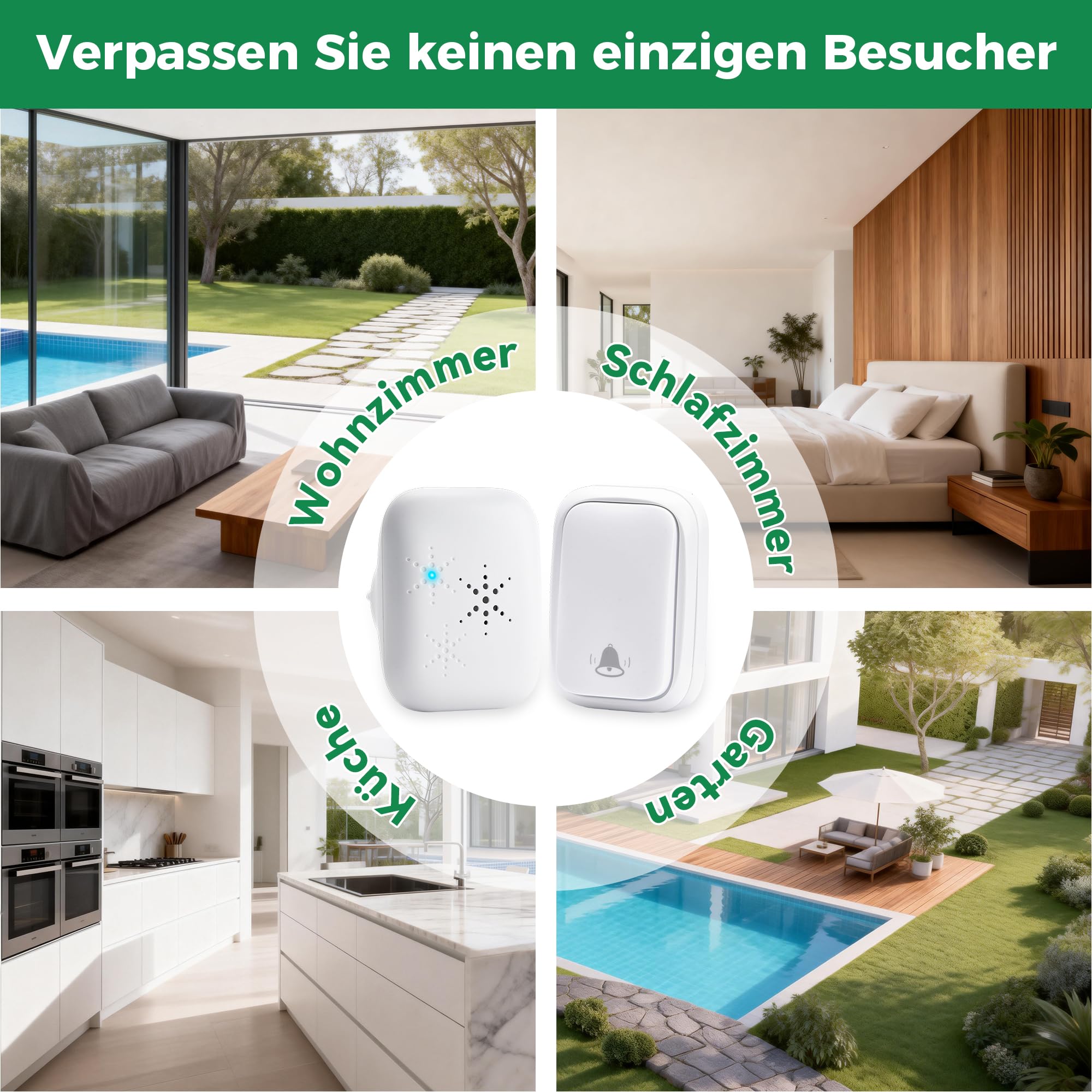 Funkklingel Türklingel Set – Kabellos & Batterielos, 4 Lautstärken, 120dB, 400m Reichweite, Wasserdicht, 38 Melodien, 1 Sender+1 Empfänger