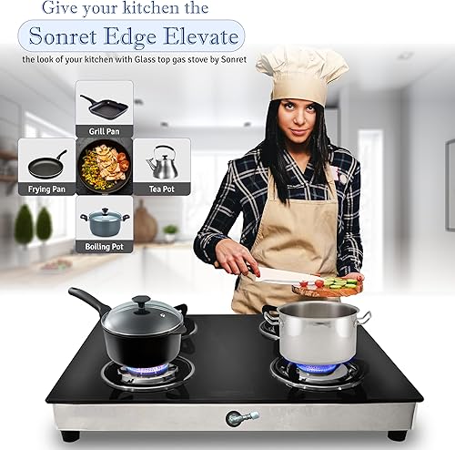 Miniatura 8 de Estufa de gas con 4 quemadores - Estufa de gas propano de vidrio templado RV - Estufa portátil de gas inoxidable para cocinar - Con manguera y