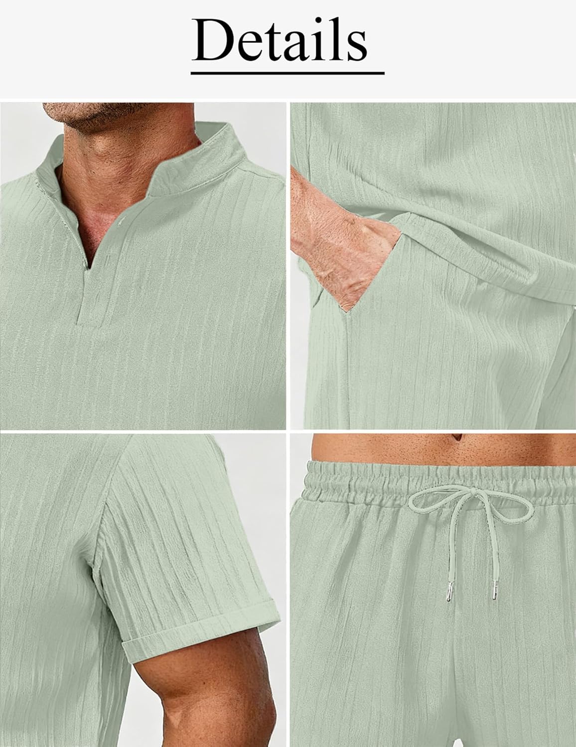 Bealin Men's Summer Beach Outfits 2 Piece Vintage Short Sleeve Henley Shirts and Shorts Vacation Texture Sets - Image 6