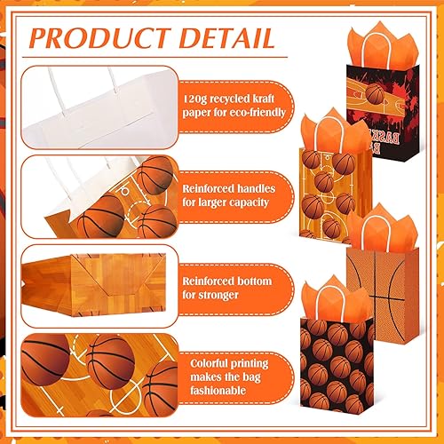 Miniatura 3 de Aoriher 24 bolsas de regalo de fiesta de baloncesto con papel de seda, bolsas de golosinas de baloncesto, bolsas de papel de dulces con temática de