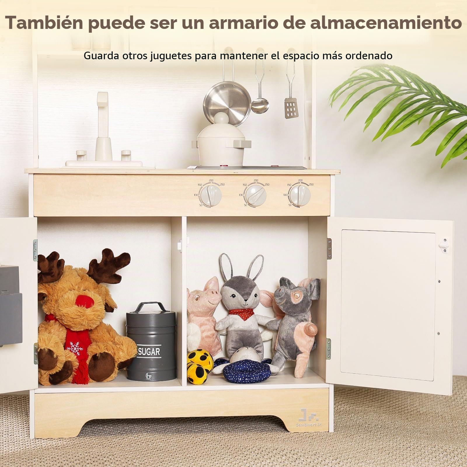 SainSmart Jr. Cocina de juguete de madera para niños – Juego de cocina de alta calidad para niños pequeños – Incluye estufa, nevera y accesorios para niños y niñas, color blanco