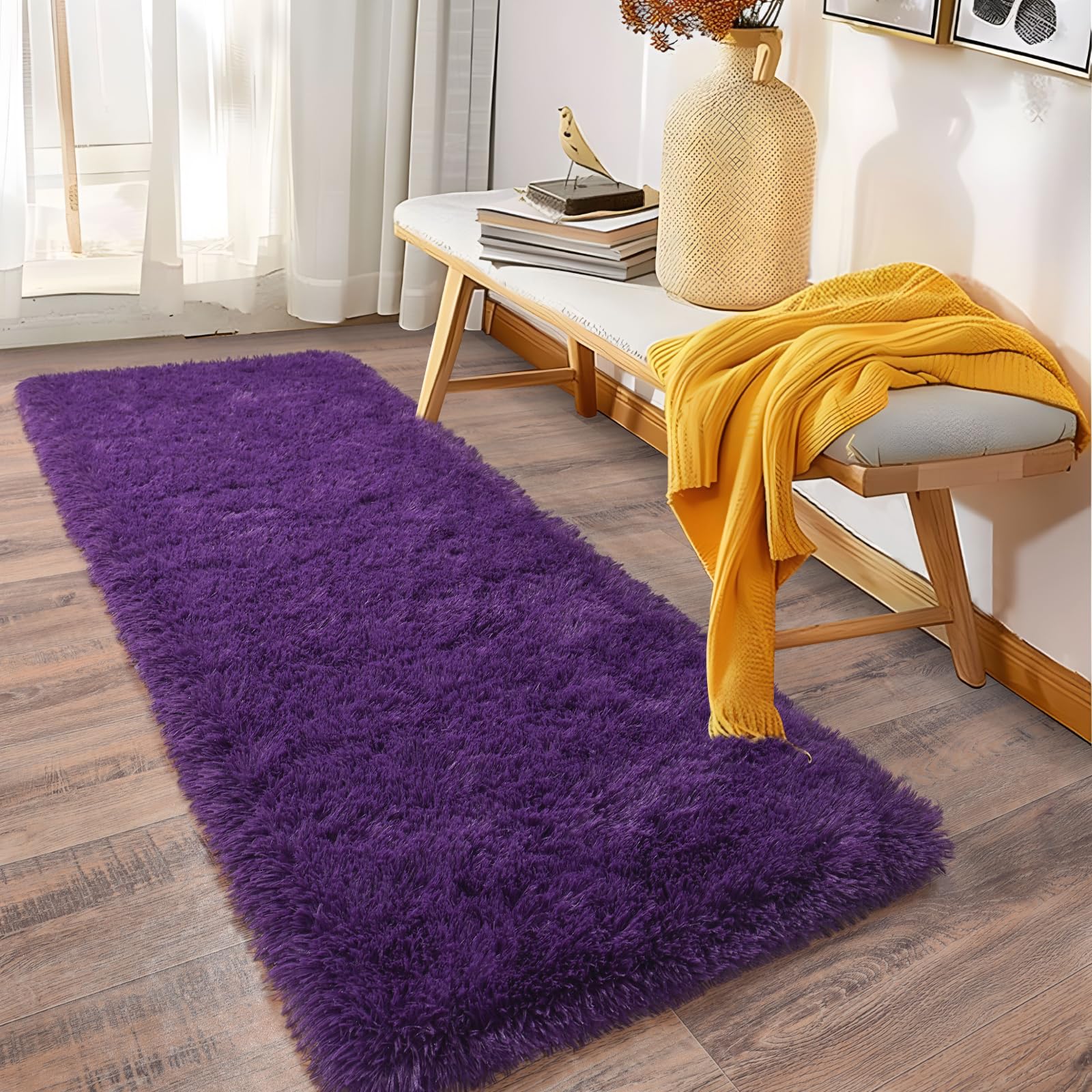 Ailyei Fluffy Shag Runner Rugs for Bedroom Hallways, 2x8 Purple Long Soft Throw Area Rug Non Slip for Bedside Dorm, Shaggy Furry Carpet for Nursery