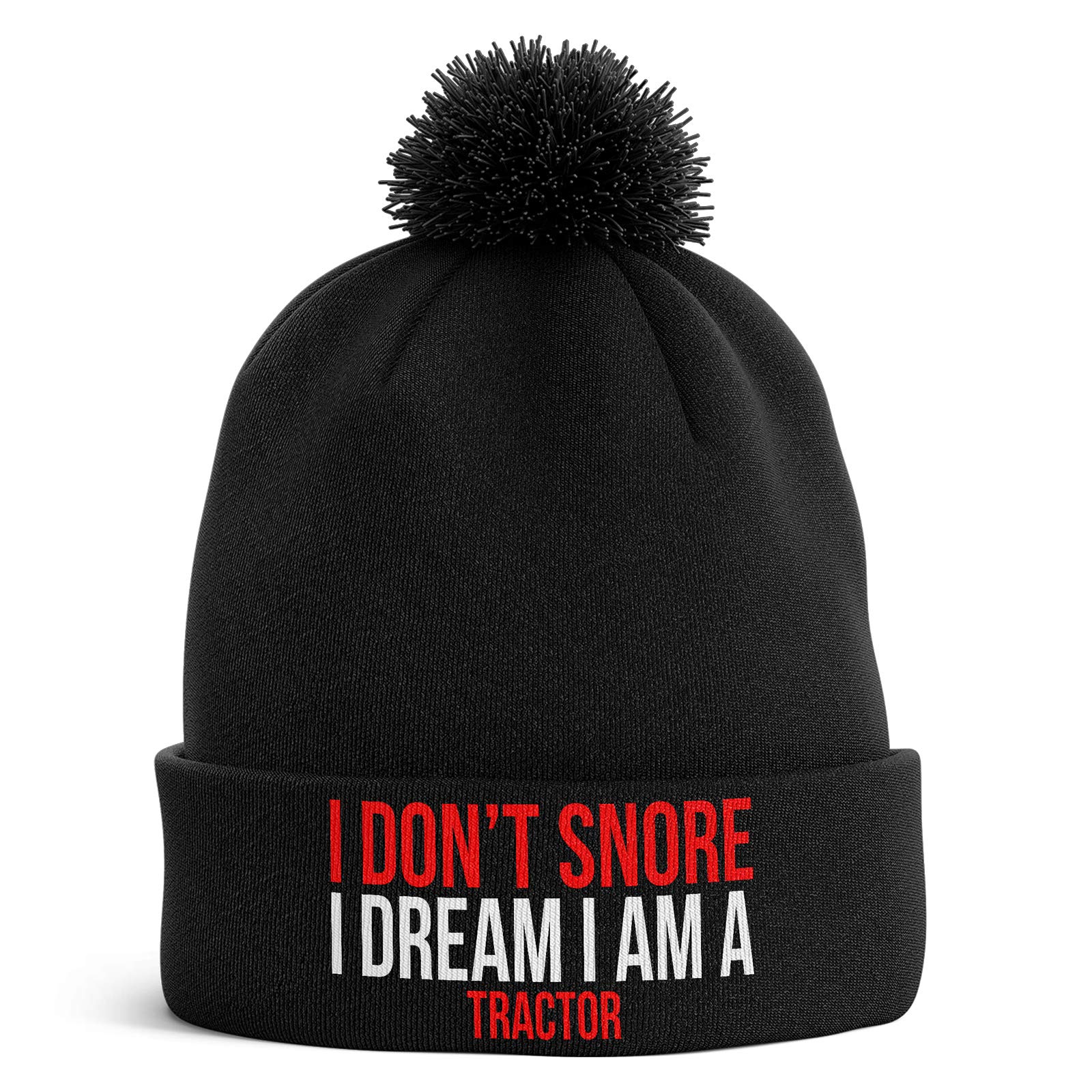 Purple Print House Men's Black Bobble Farming Gifts - I Don't Snore I Dream I Am A Tractor Funny Beanie Hat - Tractor & Farmers Gift (Black Bobble)