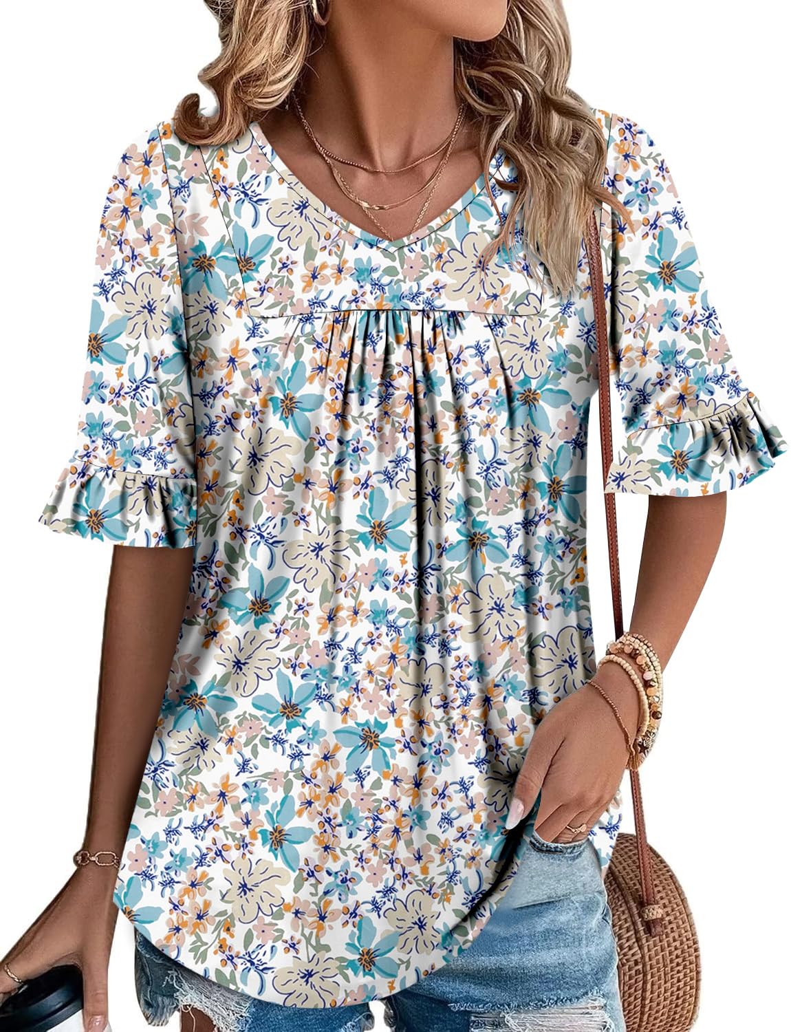 onlypuff Womens 3/4 Sleeve Tunic Tops Ruffle Blouse for Leggings Summer V Neck Shirts S-3XL