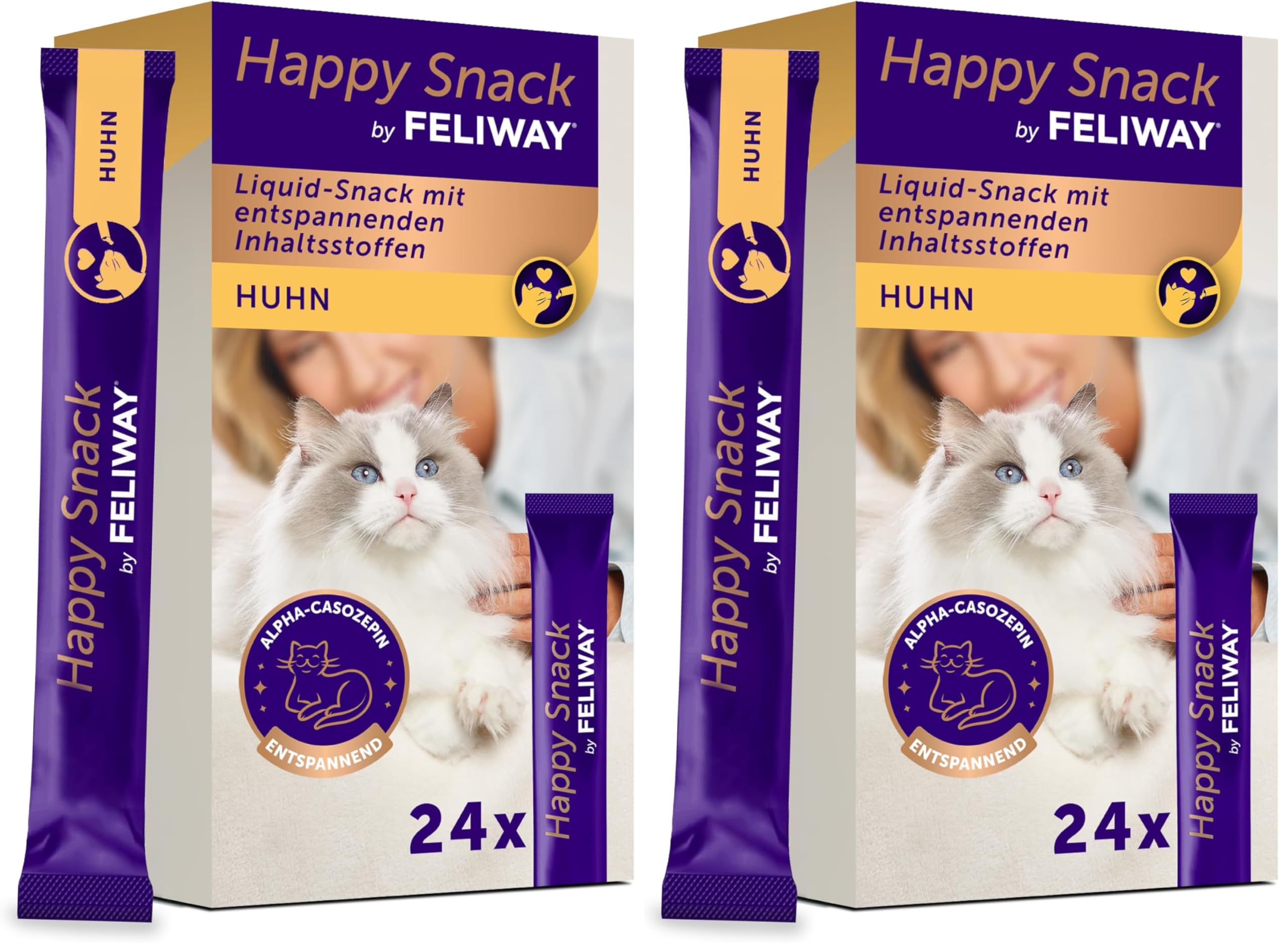 FELIWAY Happy Snack by, Huhn Geschmack, leckerer, beruhigender Leckerbissen, 24 cremige Snacksticks - Hilft Katzen, Sich enspannter zu fühlen, Entspannung zum Snacken (Packung mit 2)