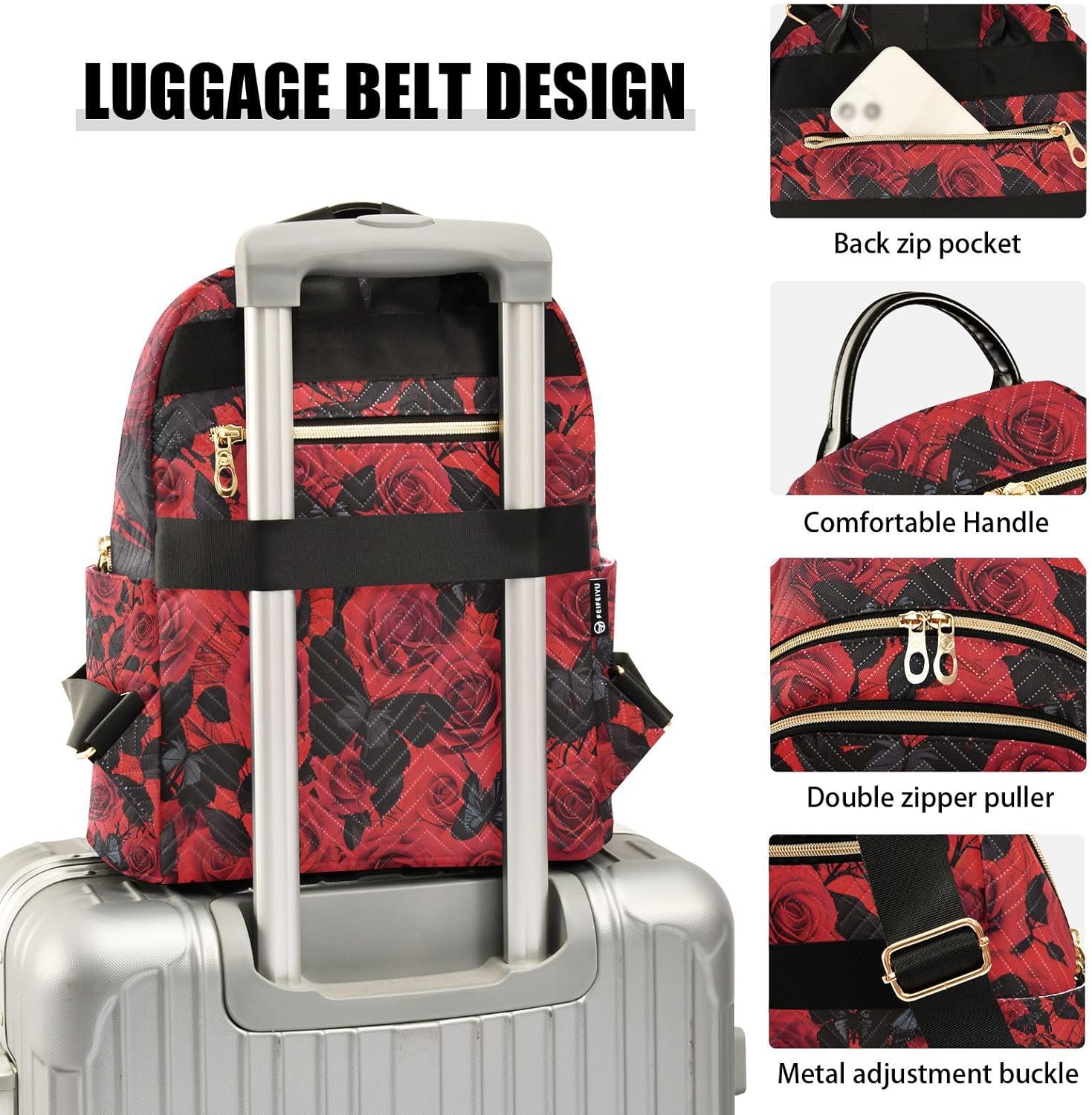 Red Rose Black Butterfly Backpack Purse for Women Shoulder Bag Fashion Daypack Ladies Handbag Lightweight Travel Bag Rucksack