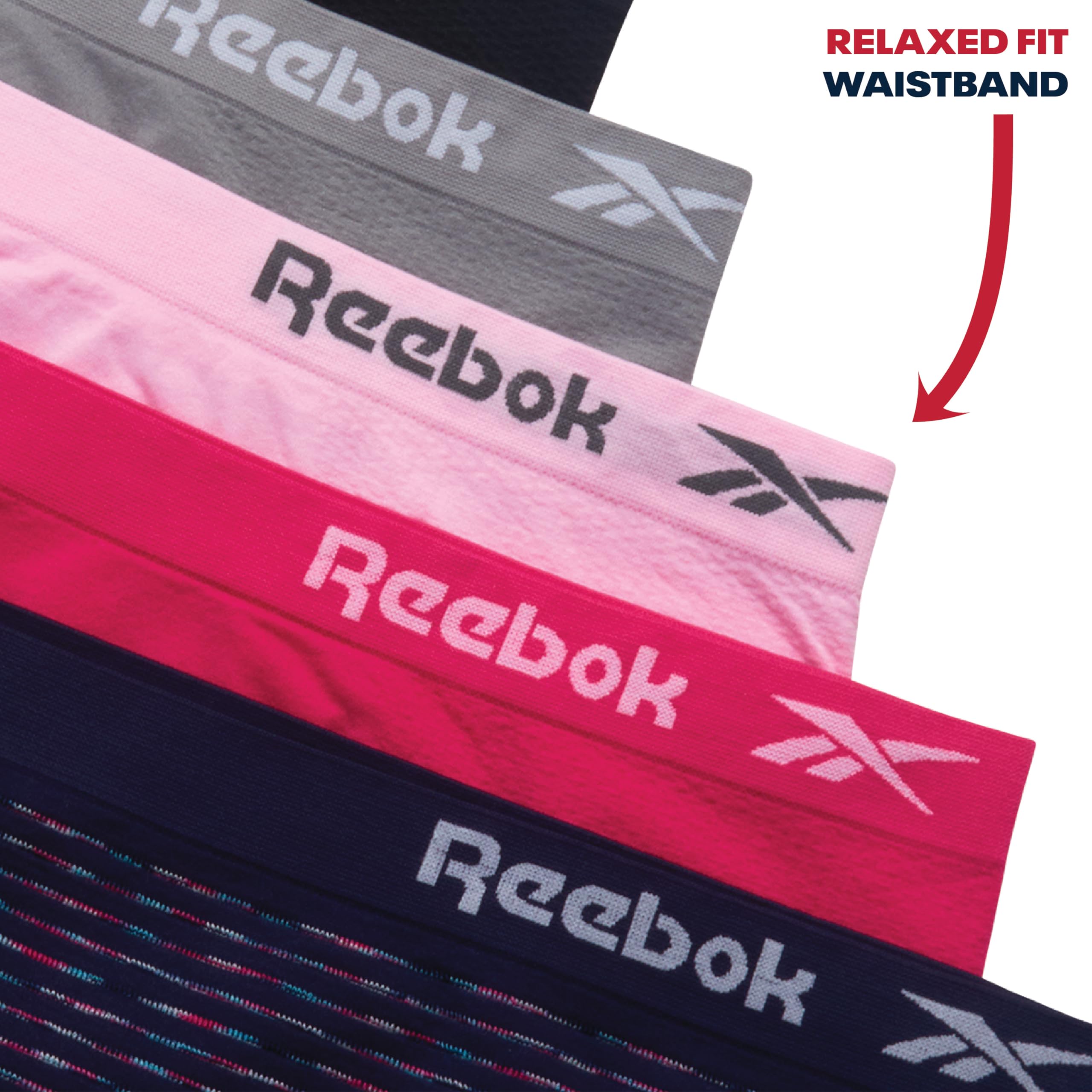 Reebok Bielizna damska - bezszwowe majtki bikini (5 sztuk), Czarny/żywy róż/skóra rekina/miękki różowy/niebieski pasek Spacedye, S
