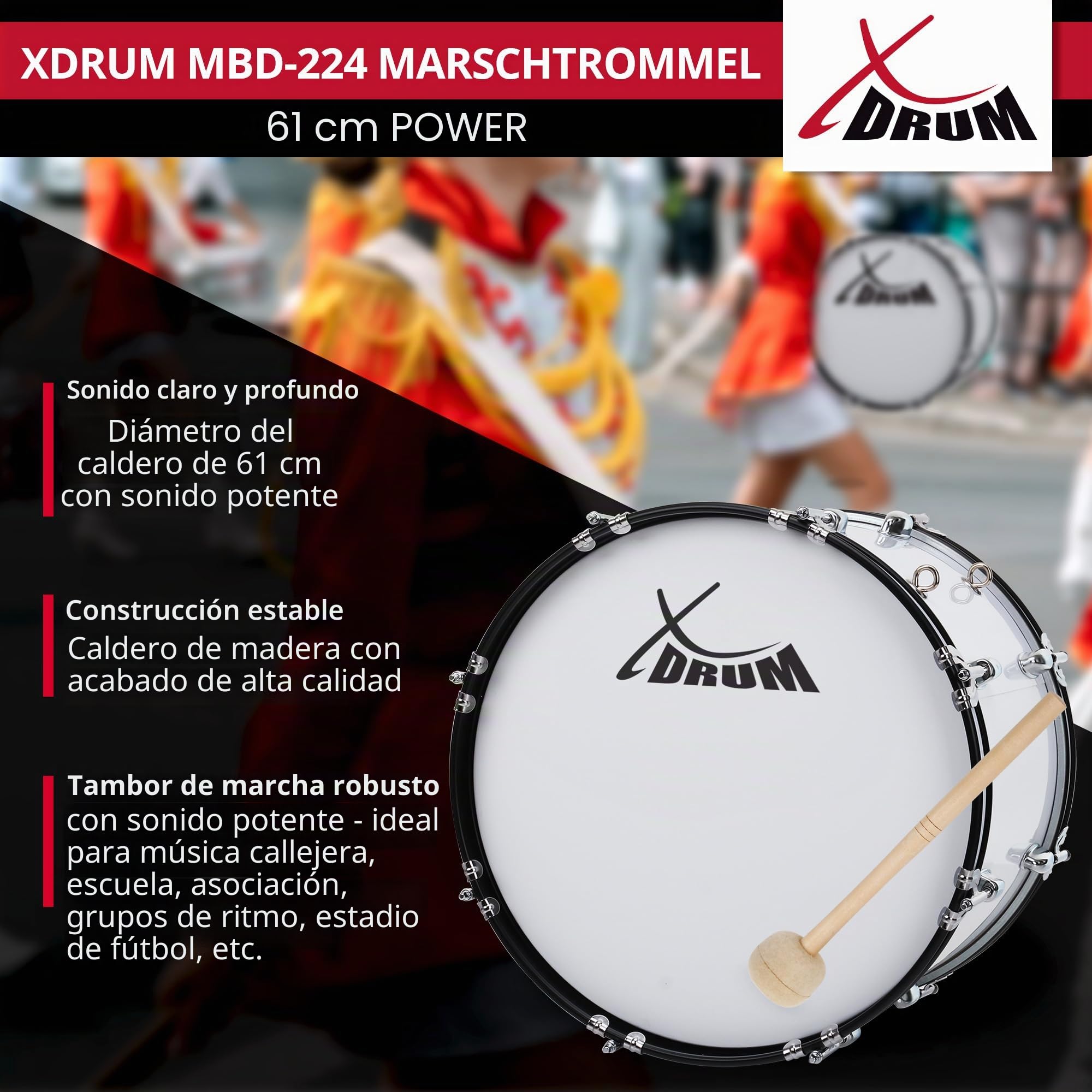 XDrum MBD-224 Bombo De Marcha 24" x 12", Diámetro: 24", Color: blanco | Profundidad: 12\", Herrajes cromados, Aros tensores metálicos en negro/blanco, Logo XDrum negro en los parches blancos, 5 kg