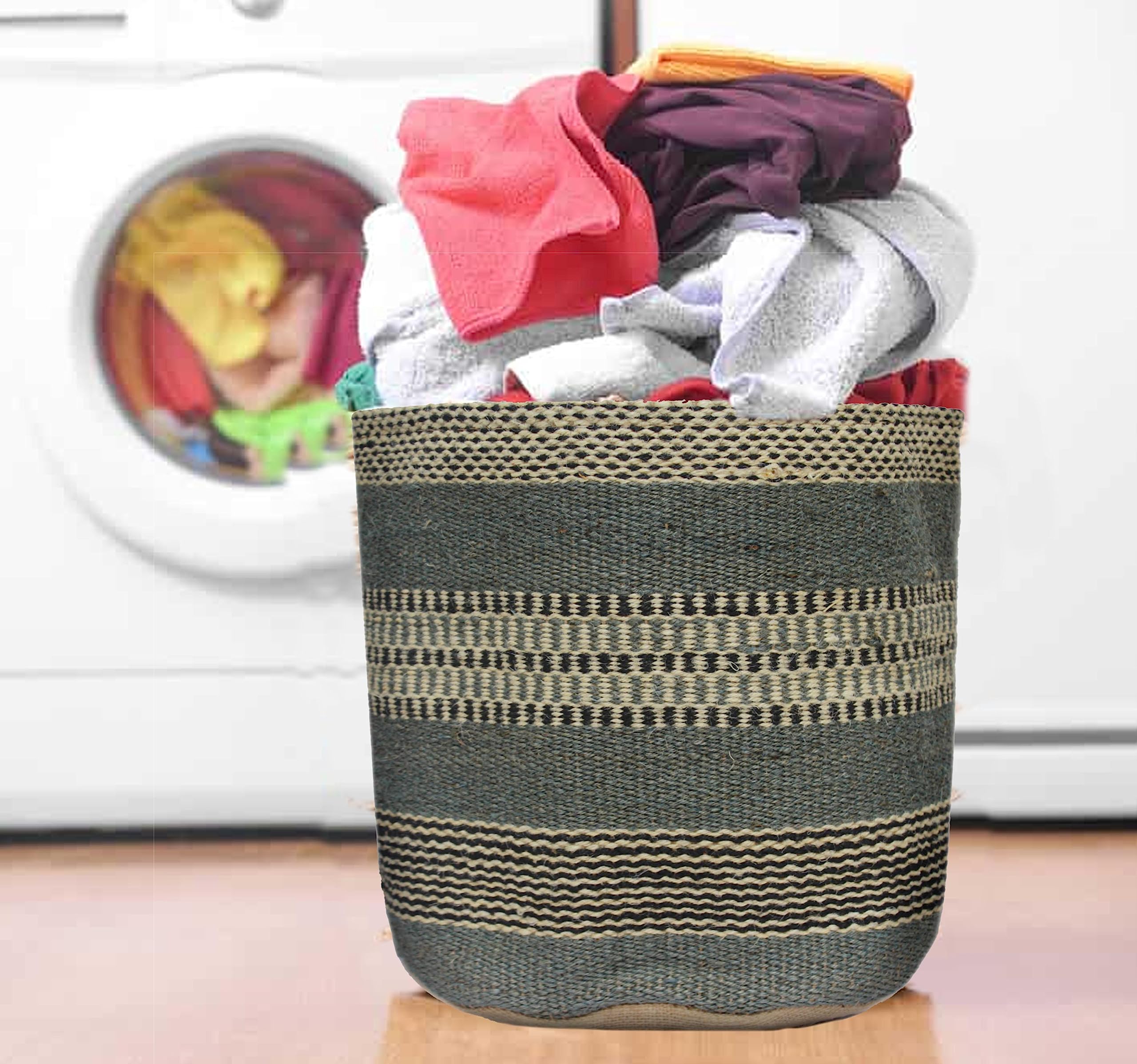 WOODLERY Circular Jute Multi Purpose Storage Basket Durable and Beautiful for Nursery Home Organizing (Blue)