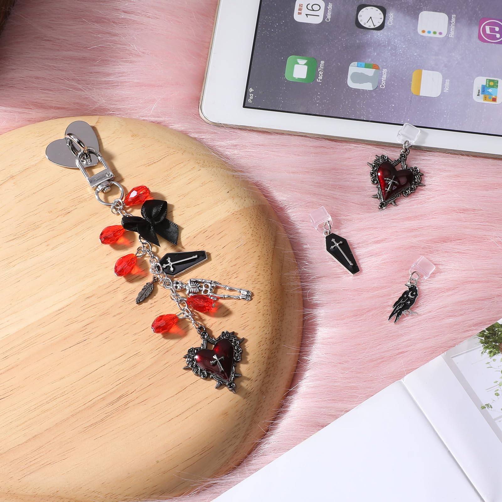 TAKEALOOKO 4PCS Gothic Skeleton Charms for Kindle - Sliver Red Cross Heart Chains with Type C Dust Plug, Stylish Charm for Readers Book Lovers, Compatible for E-Reader Phones Paper White - 3