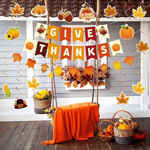 Miniatura 5 de Tiamon 63 piezas de decoraciones de Acción de Gracias, guirnalda de hojas de otoño, pavo, calabaza, remolinos colgantes, decoración triangular para